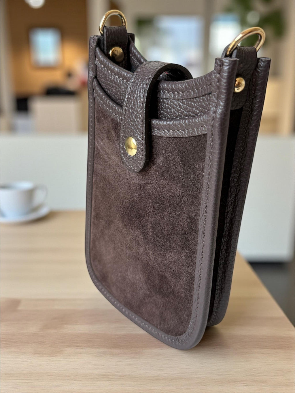 Brown Italian Suede & Leather Mini Crossbody Phone Bag