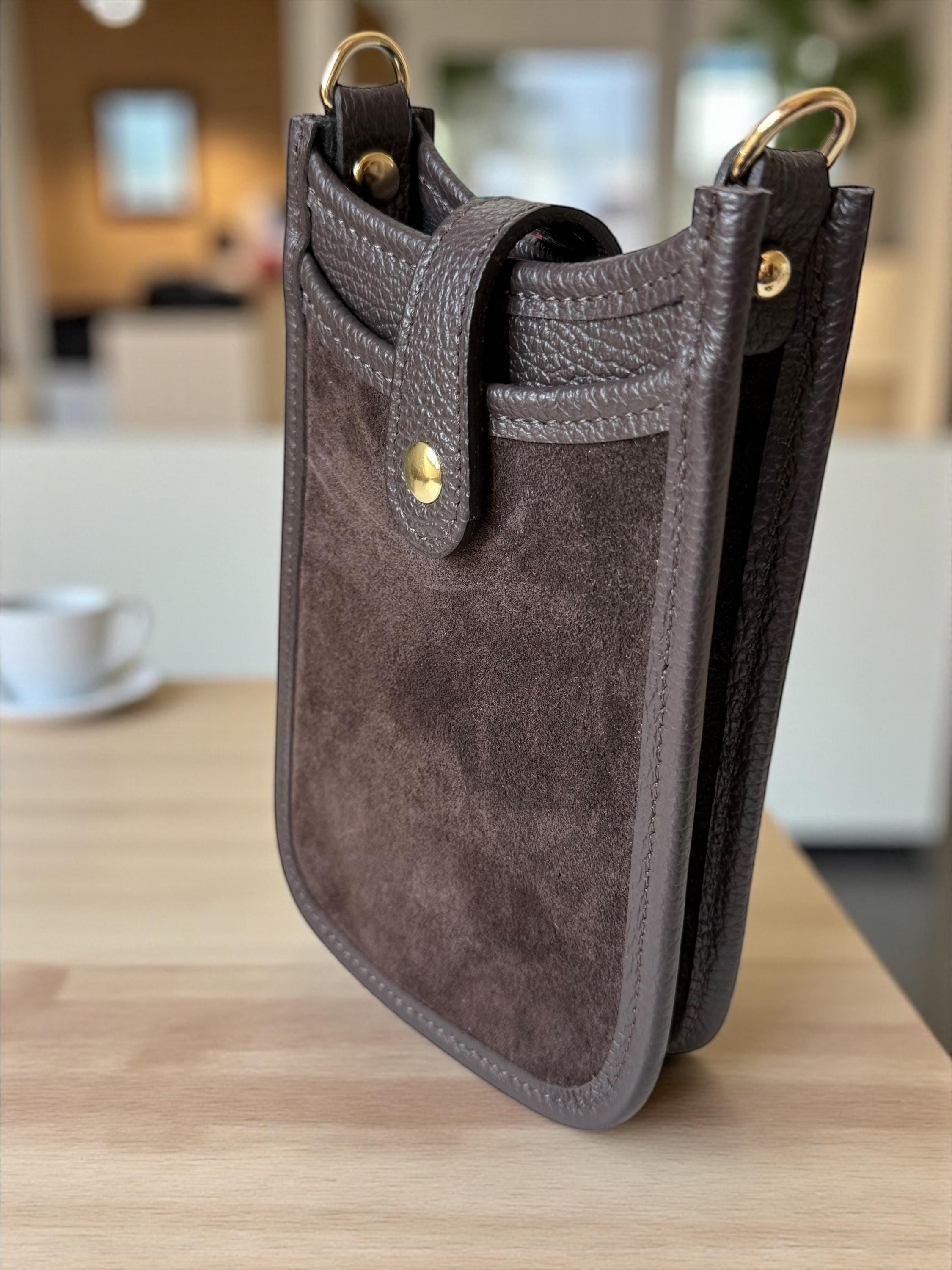 Brown Italian Suede & Leather Mini Crossbody Phone Bag