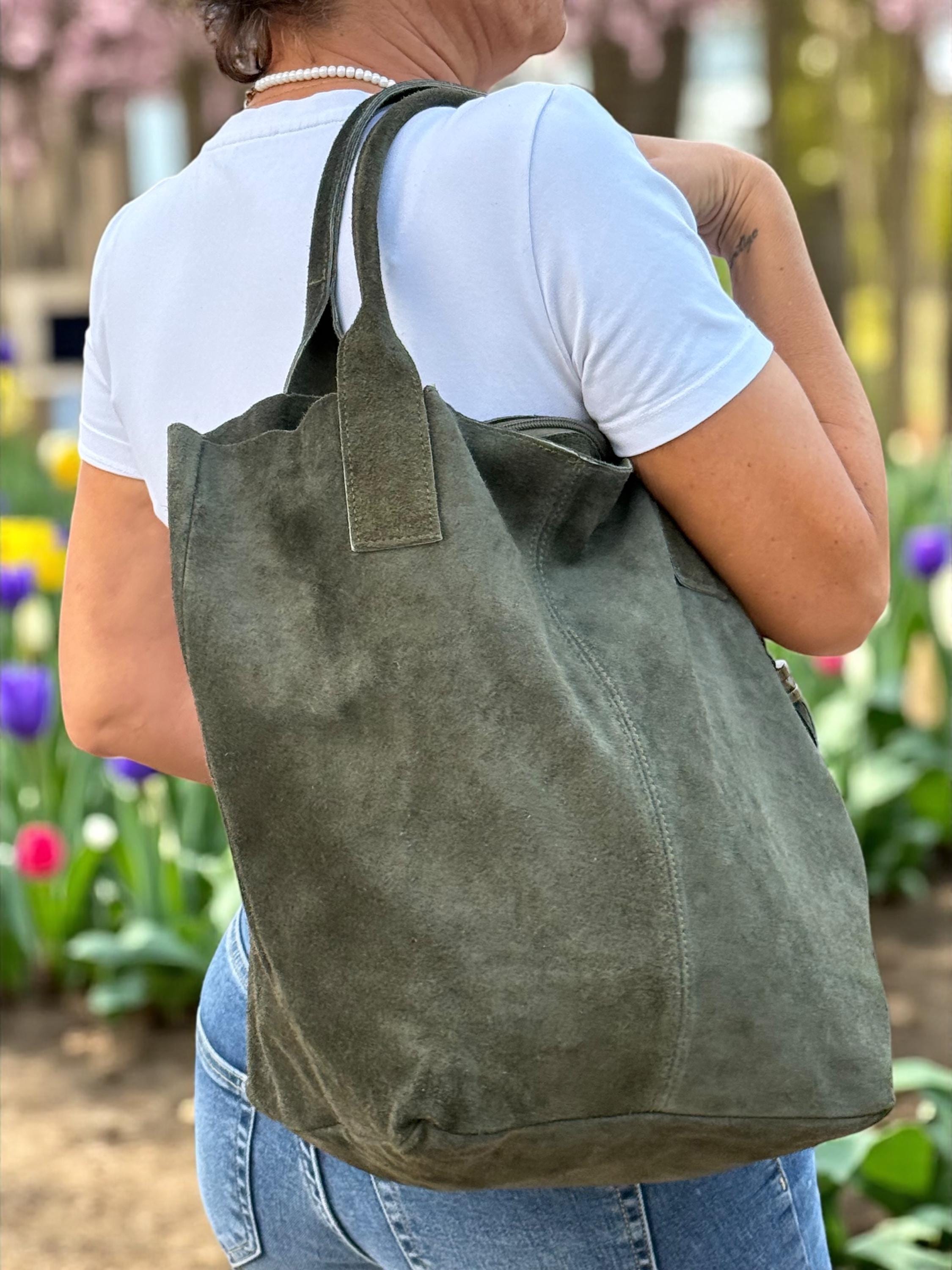 Slouchy Suede olive green Tote Bag with Tassel and Interior Pocket