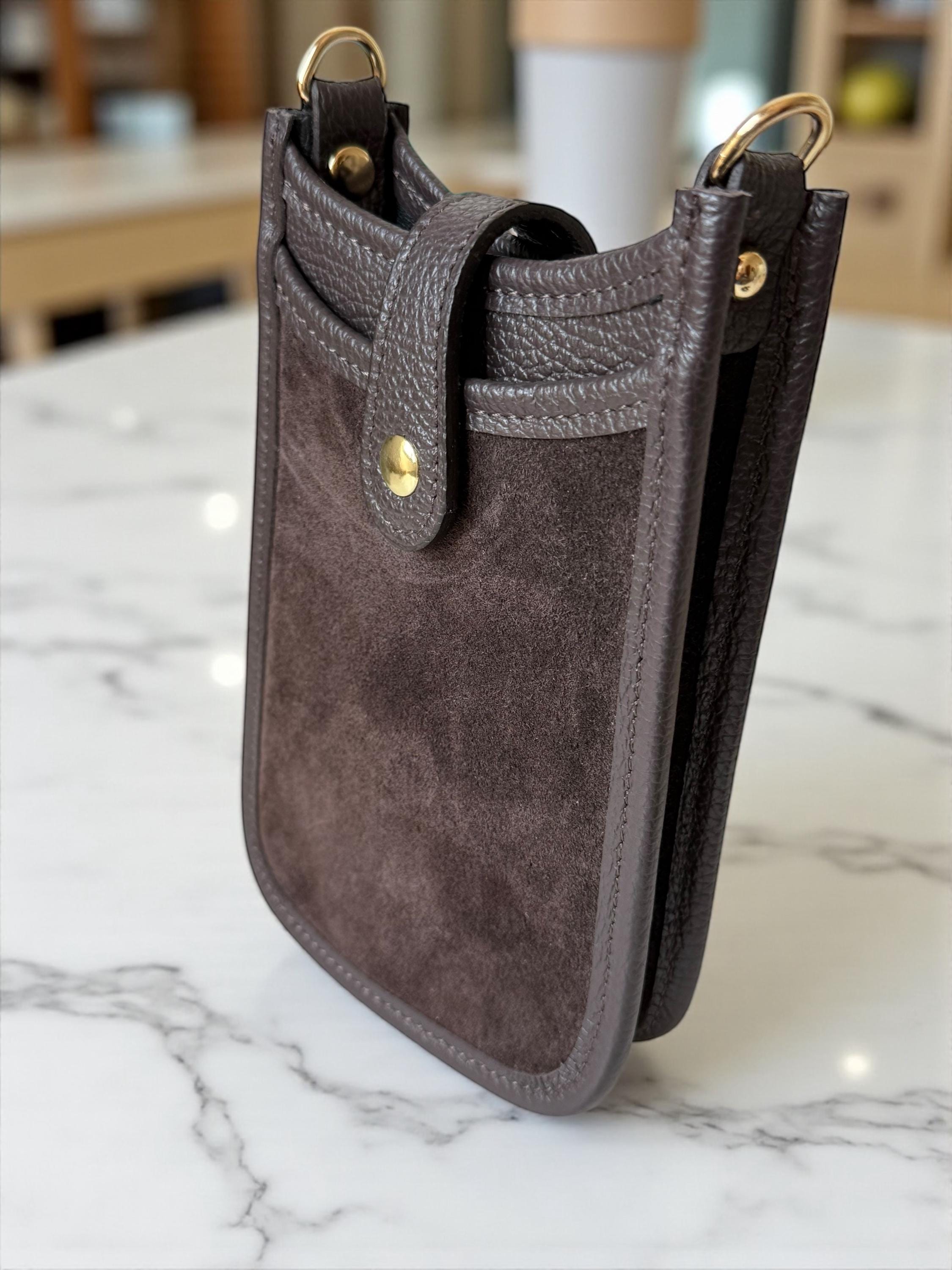 Brown Italian Suede & Leather Mini Crossbody Phone Bag