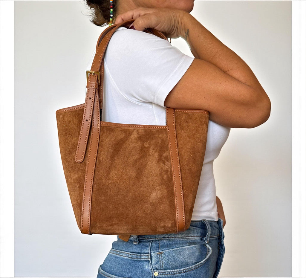 Camel Brown Italian Suede & Leather Trapezoid Tote
