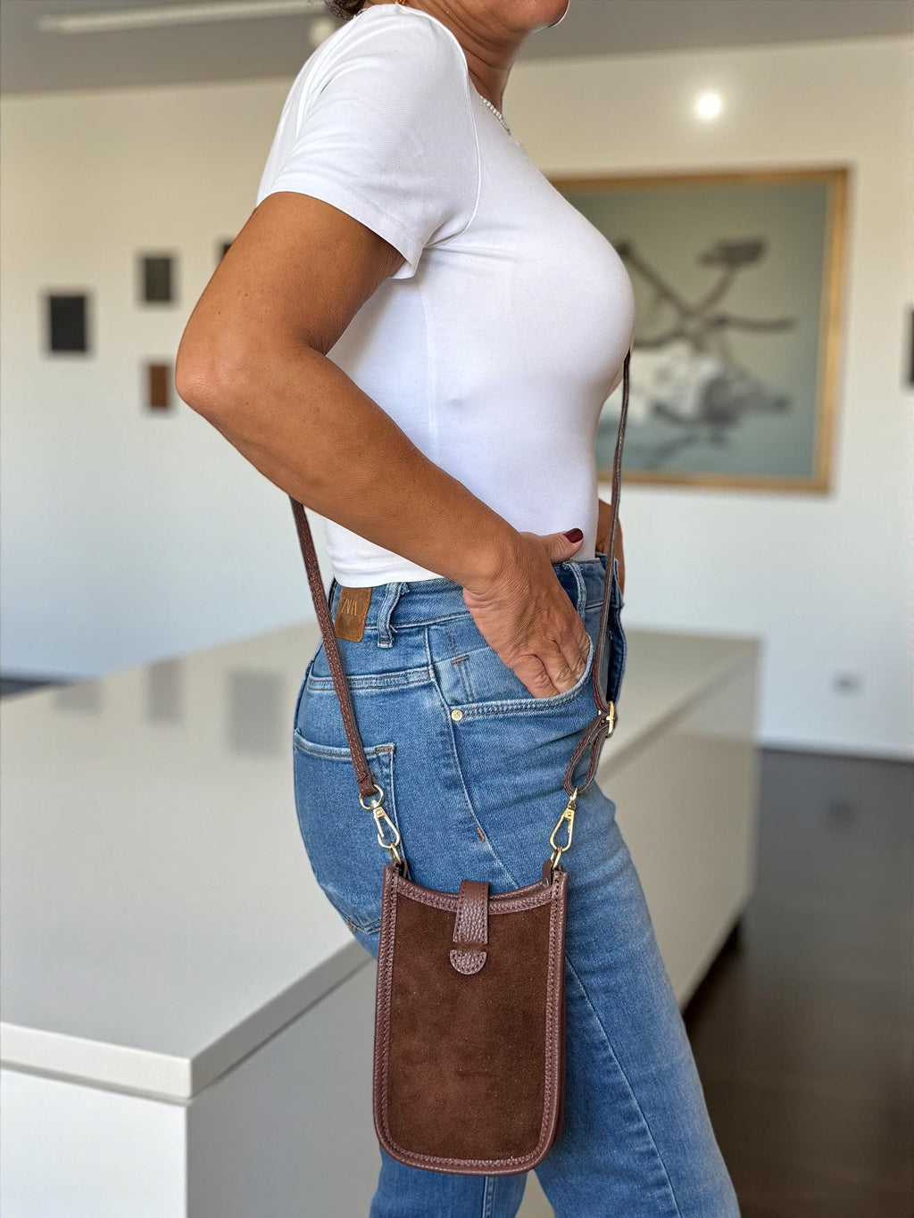 Italian Suede & Leather Mini Crossbody Brown  Phone Bag