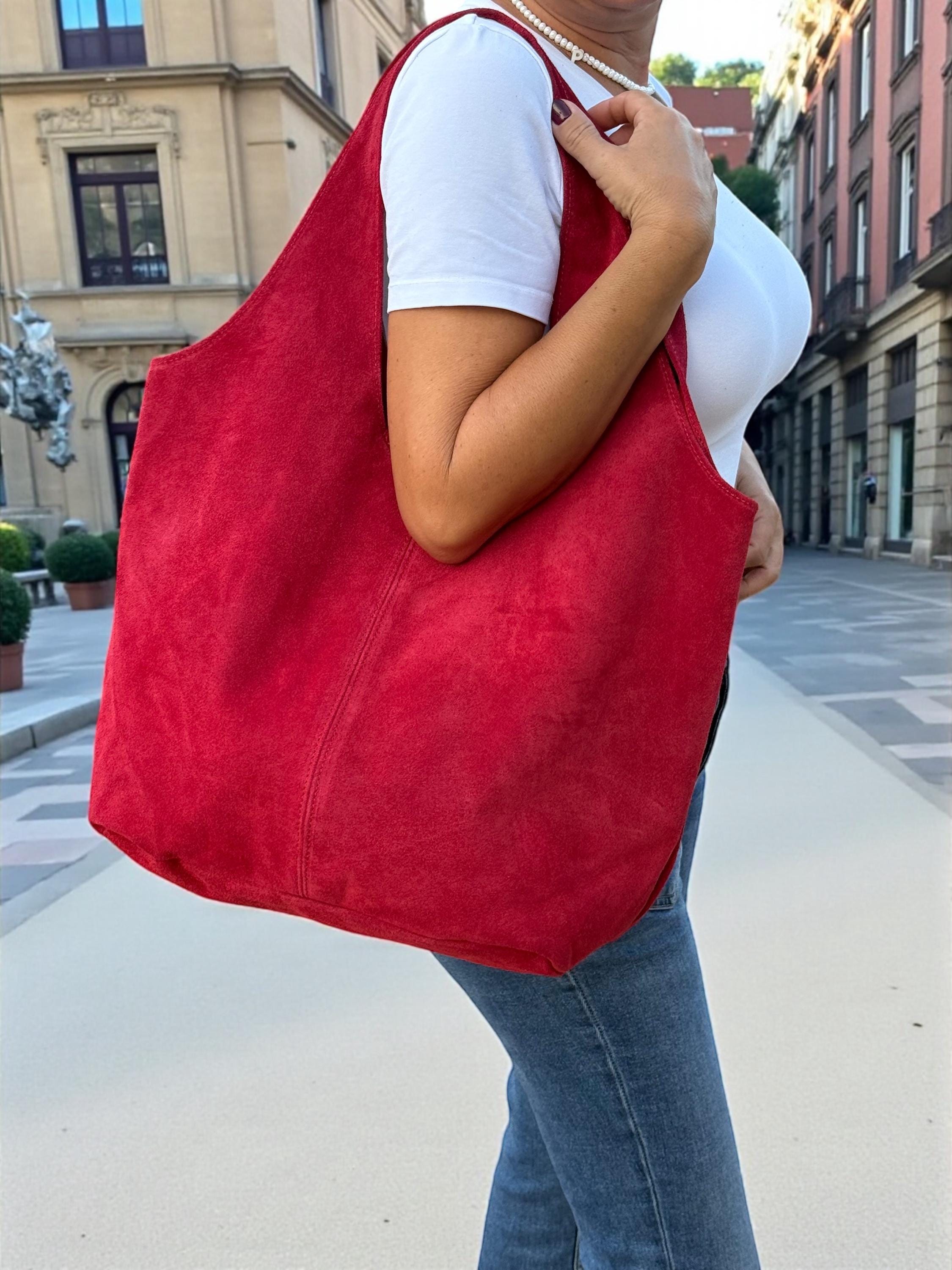 Oversized Red Suede boho Tote bag – University or office bag