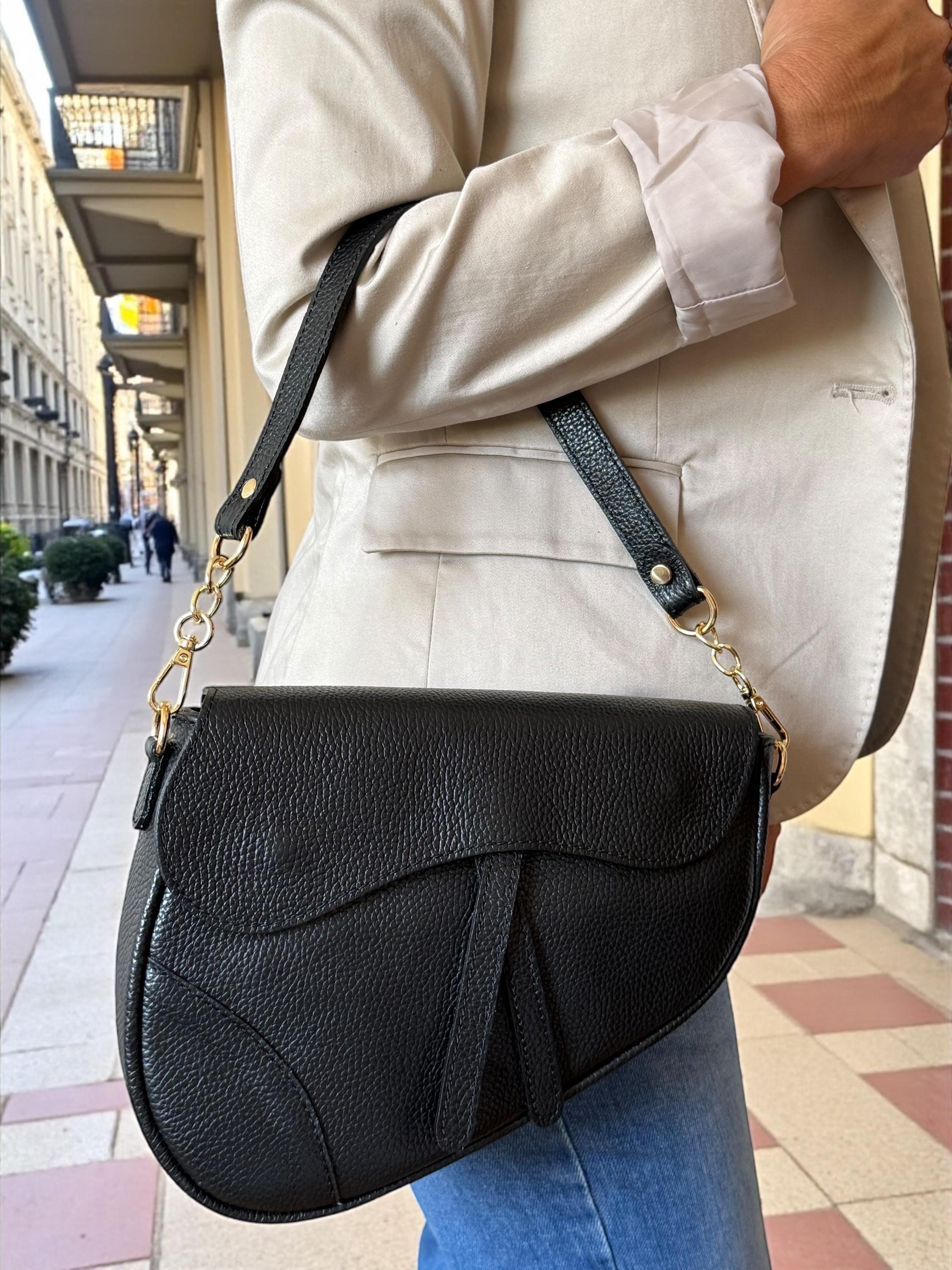 Asymmetric pebbled Leather Saddle Flap  Bag