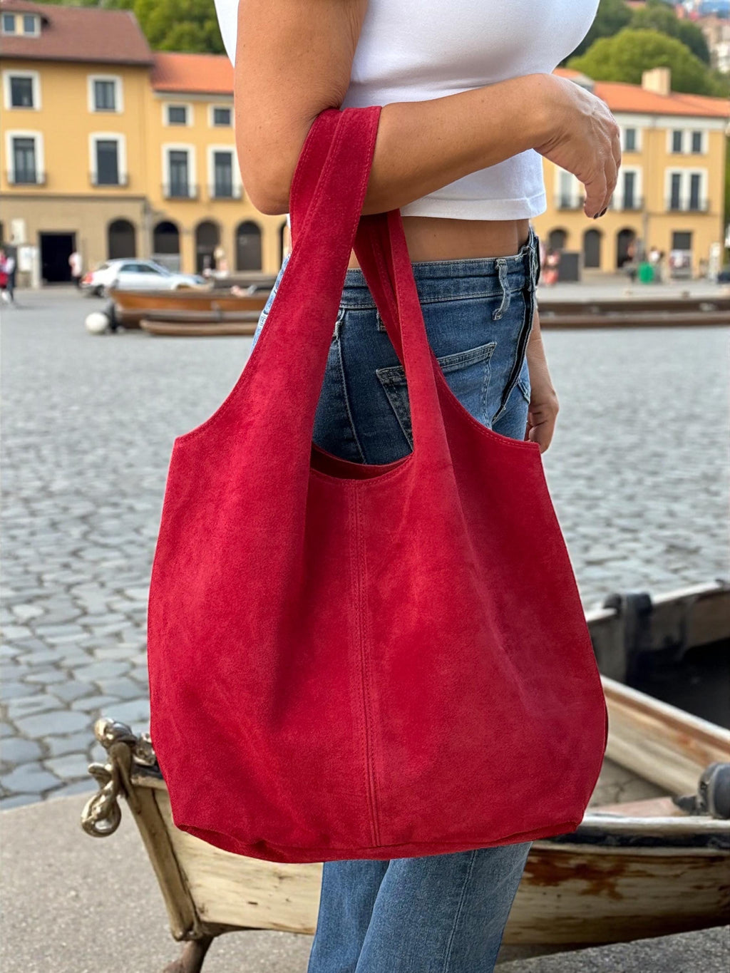 Oversized Red Suede boho Tote bag – University or office bag