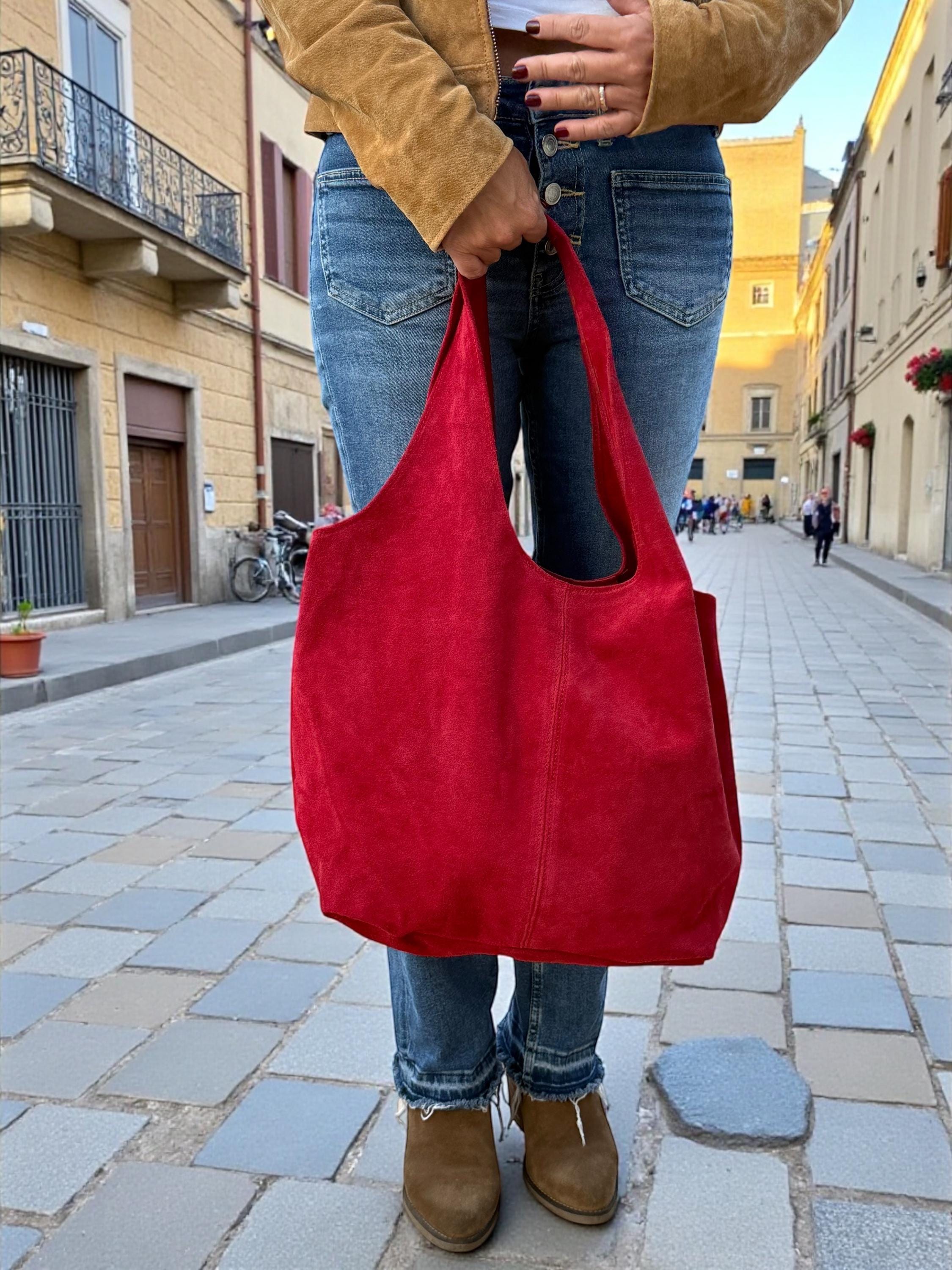 Oversized Red Suede boho Tote bag – University or office bag