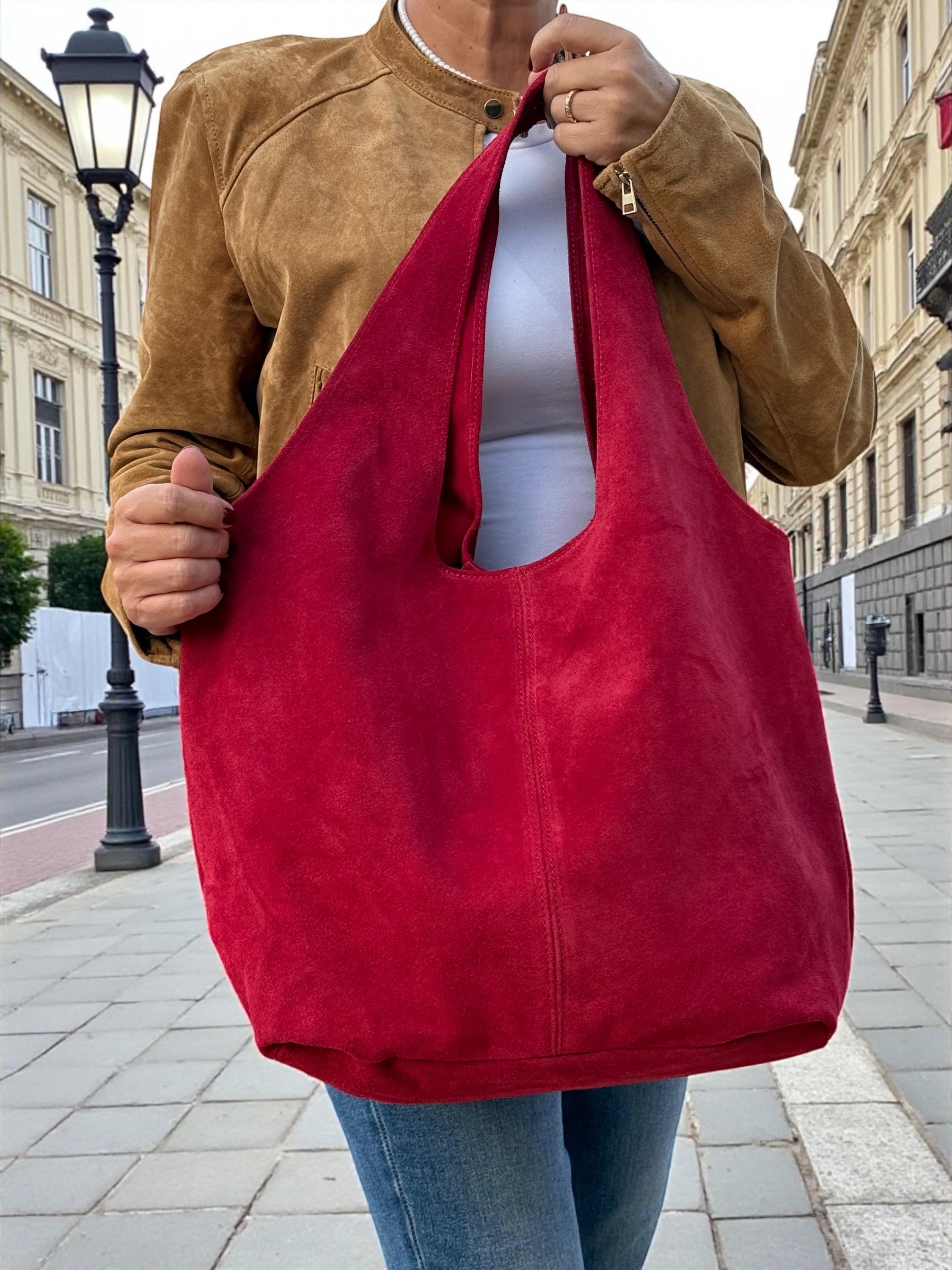 Oversized Red Suede boho Tote bag – University or office bag