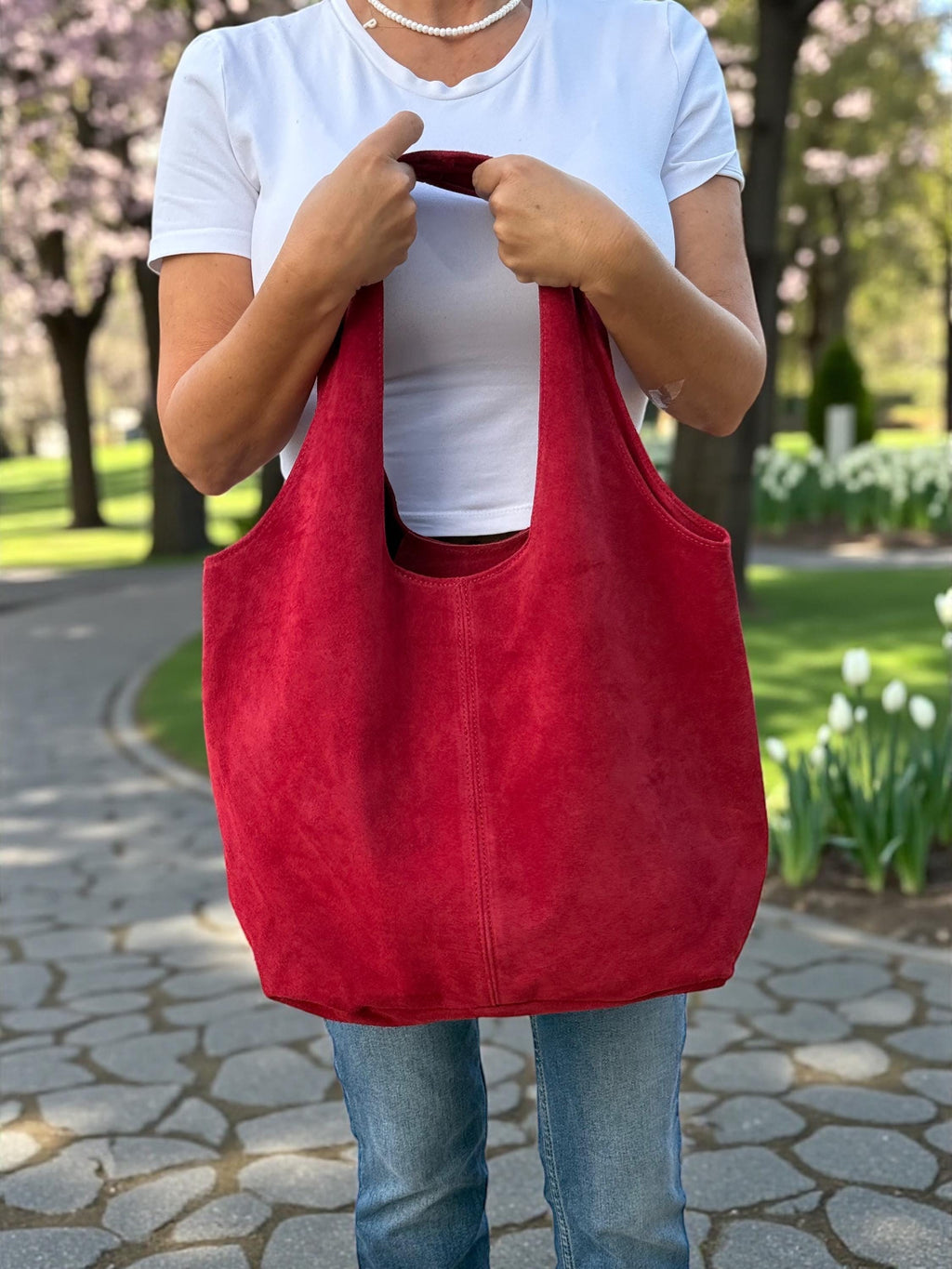 Oversized Red Suede boho Tote bag – University or office bag