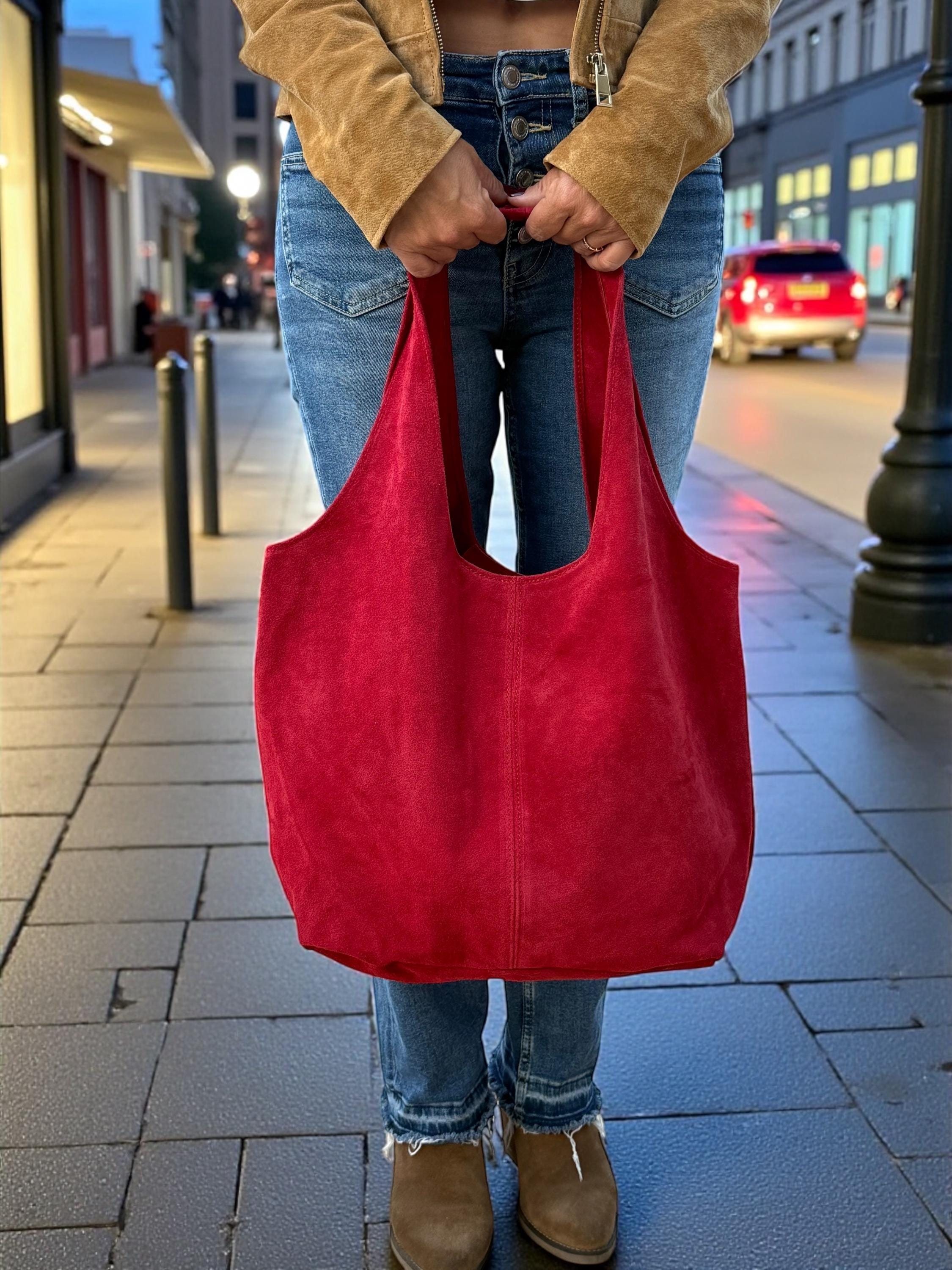 Oversized Red Suede boho Tote bag – University or office bag