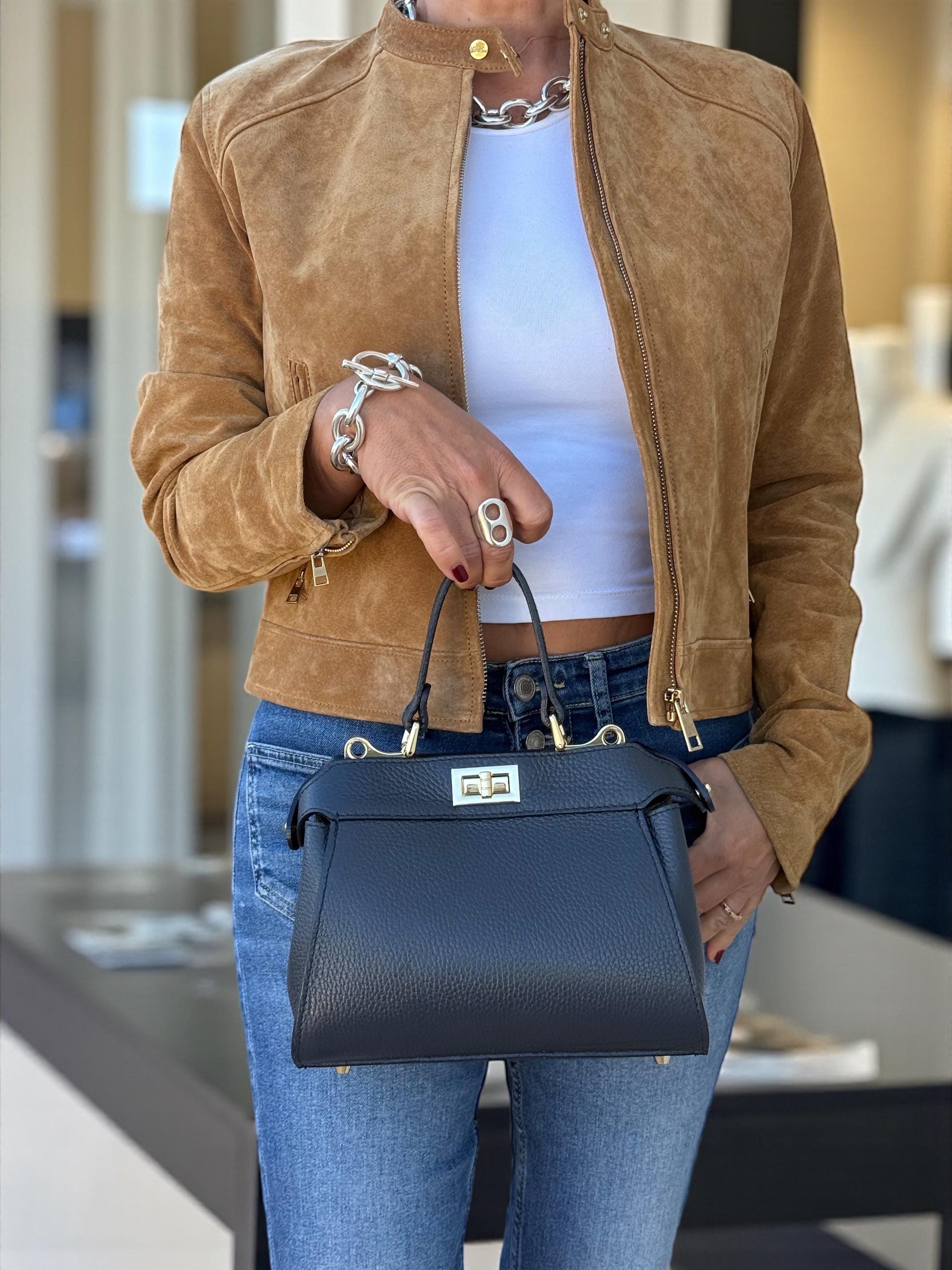 Classic Genuine Italian Pebble Leather Navi Handbag crossbody