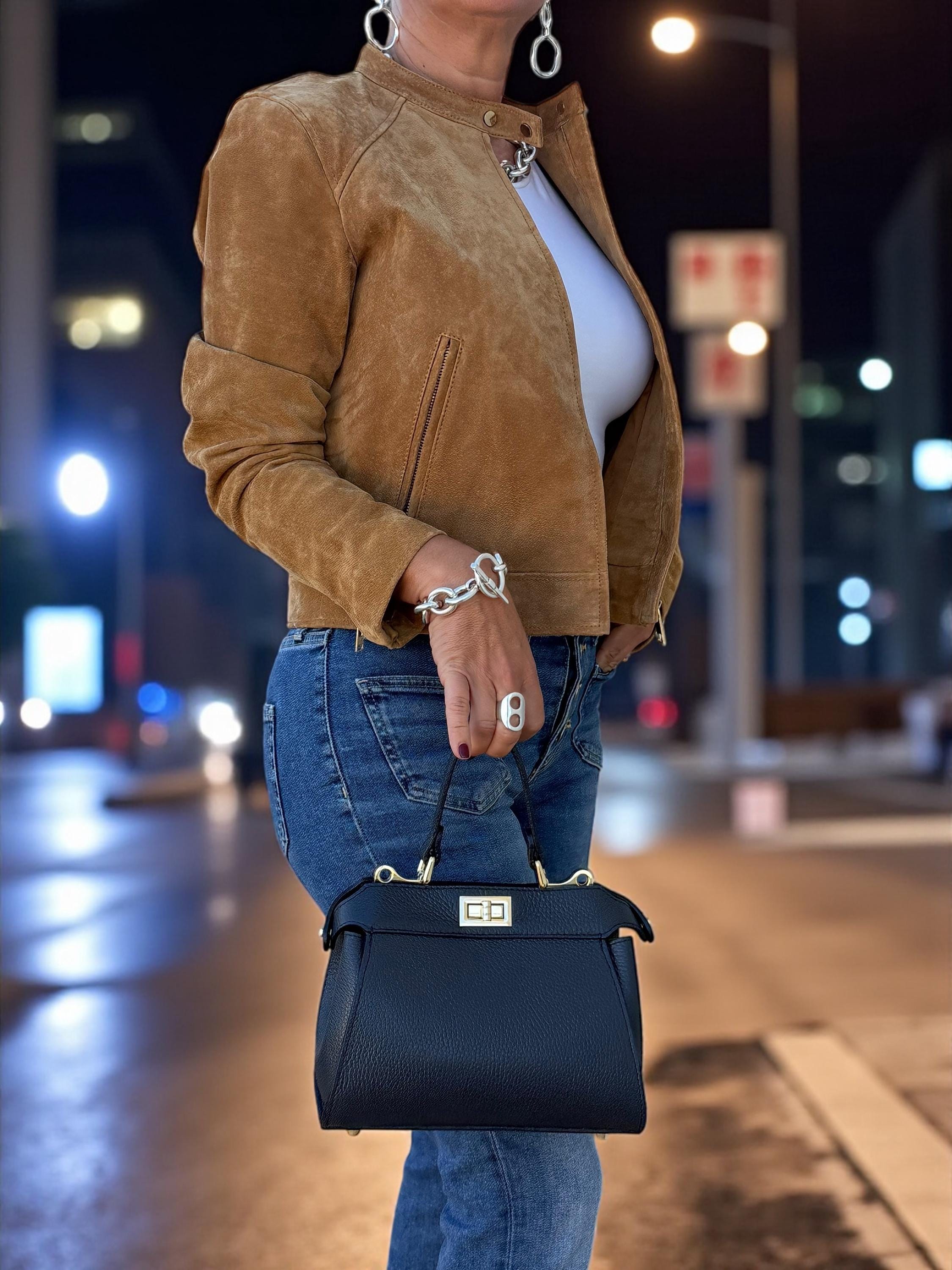 Classic Genuine Italian Pebble Leather Navi Handbag crossbody