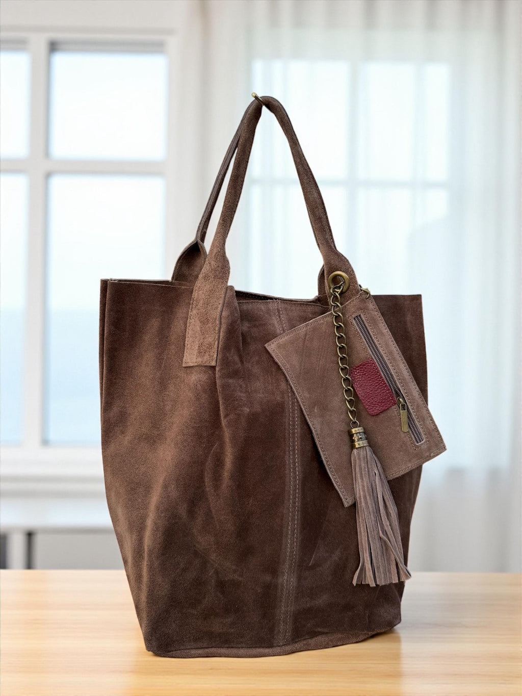 Slouchy Suede brown shopper Bag with Tassel