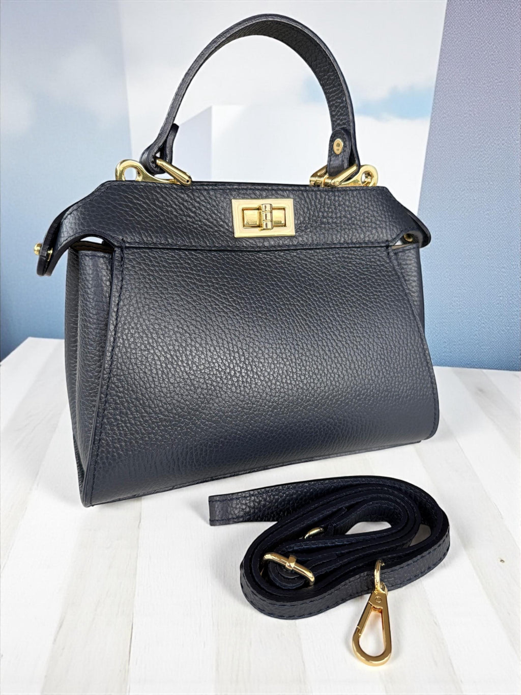 Classic Genuine Italian Pebble Leather Navi Handbag crossbody