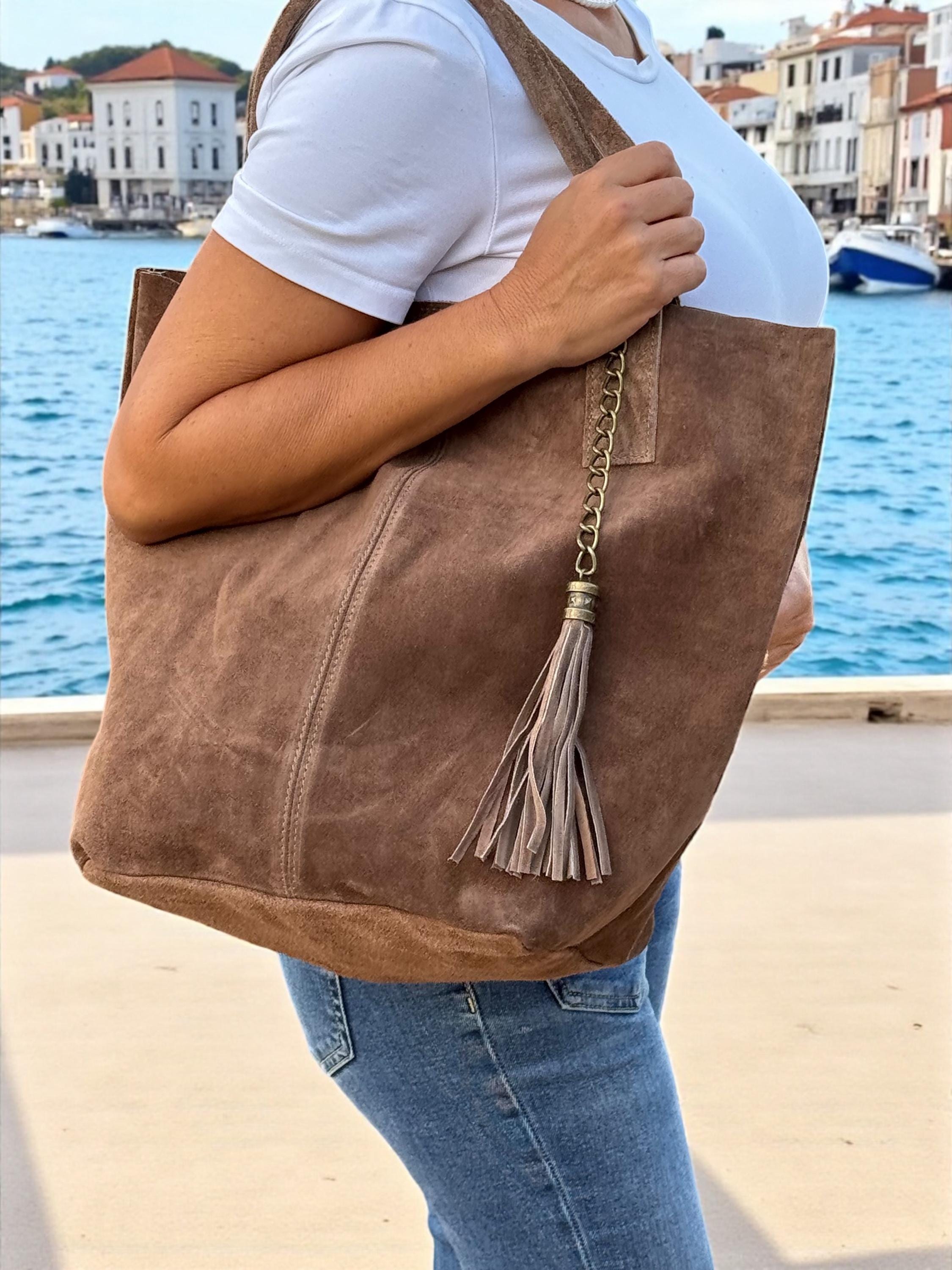 Slouchy Suede olive green shopper Bag with Tassel