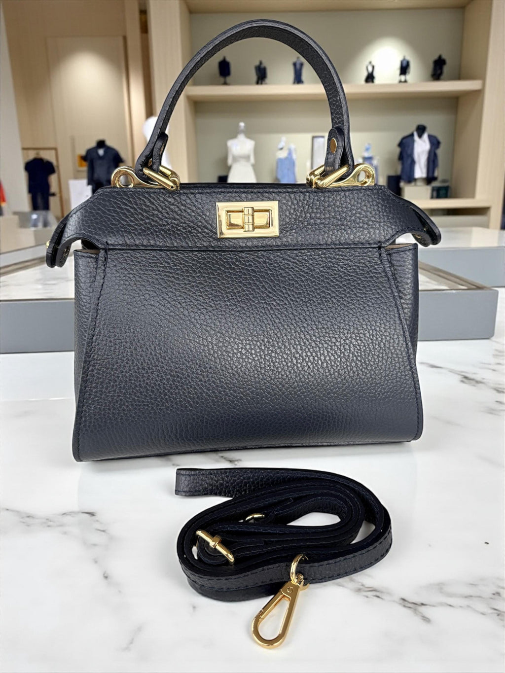 Classic Genuine Italian Pebble Leather Navi Handbag crossbody