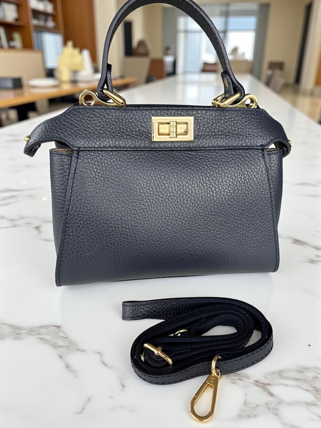 Classic Genuine Italian Pebble Leather Navi Handbag crossbody