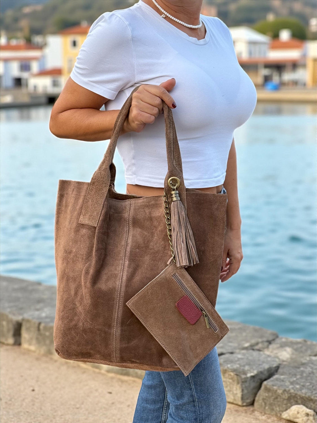 Slouchy Suede brown shopper Bag with Tassel