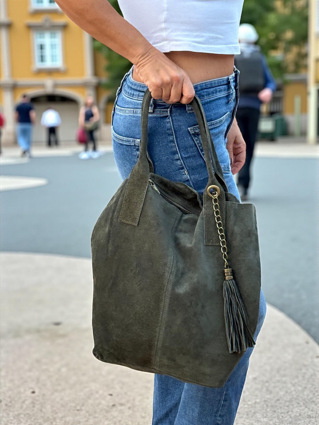 Slouchy Suede brown shopper Bag with Tassel