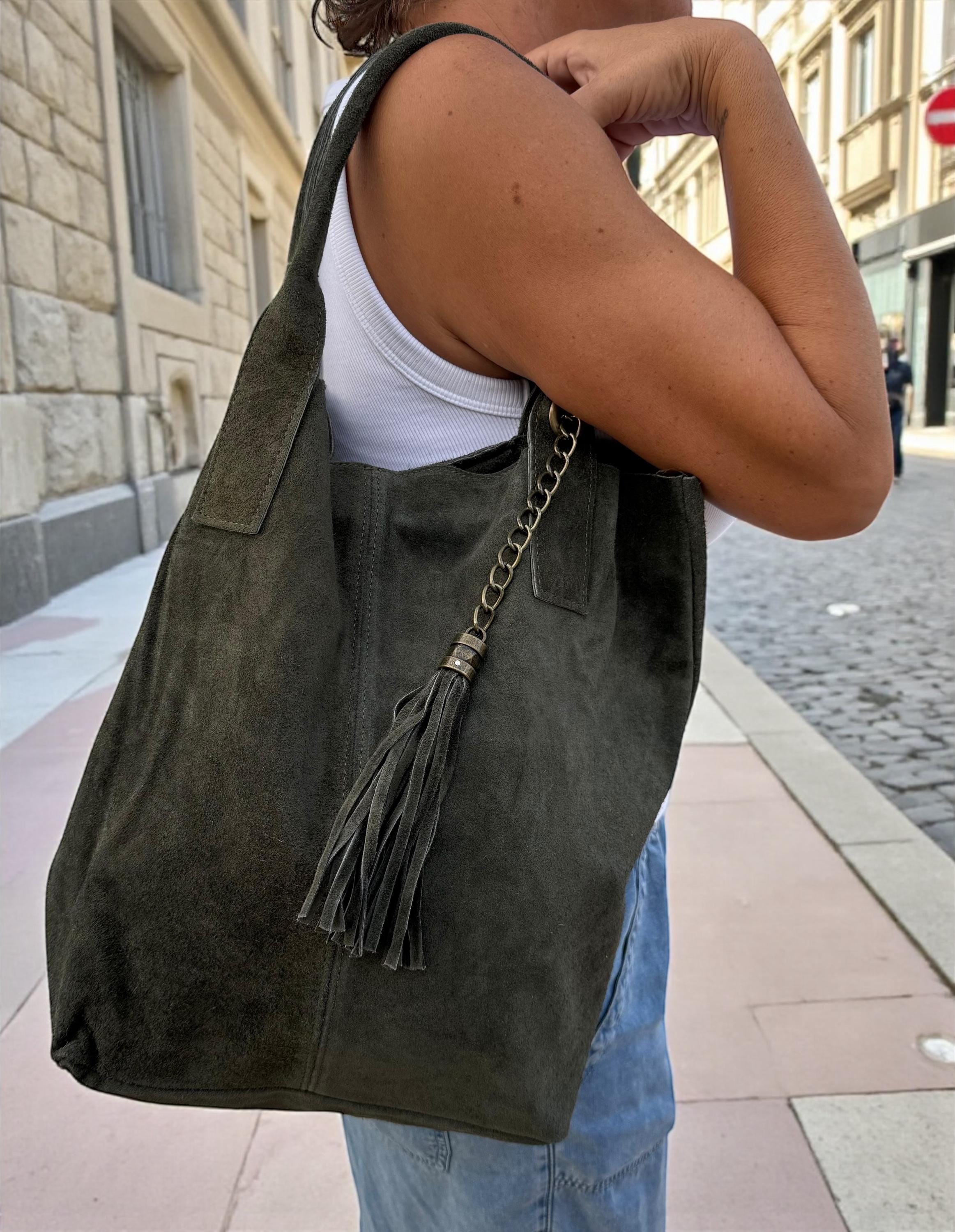 Slouchy Suede olive green shopper Bag with Tassel