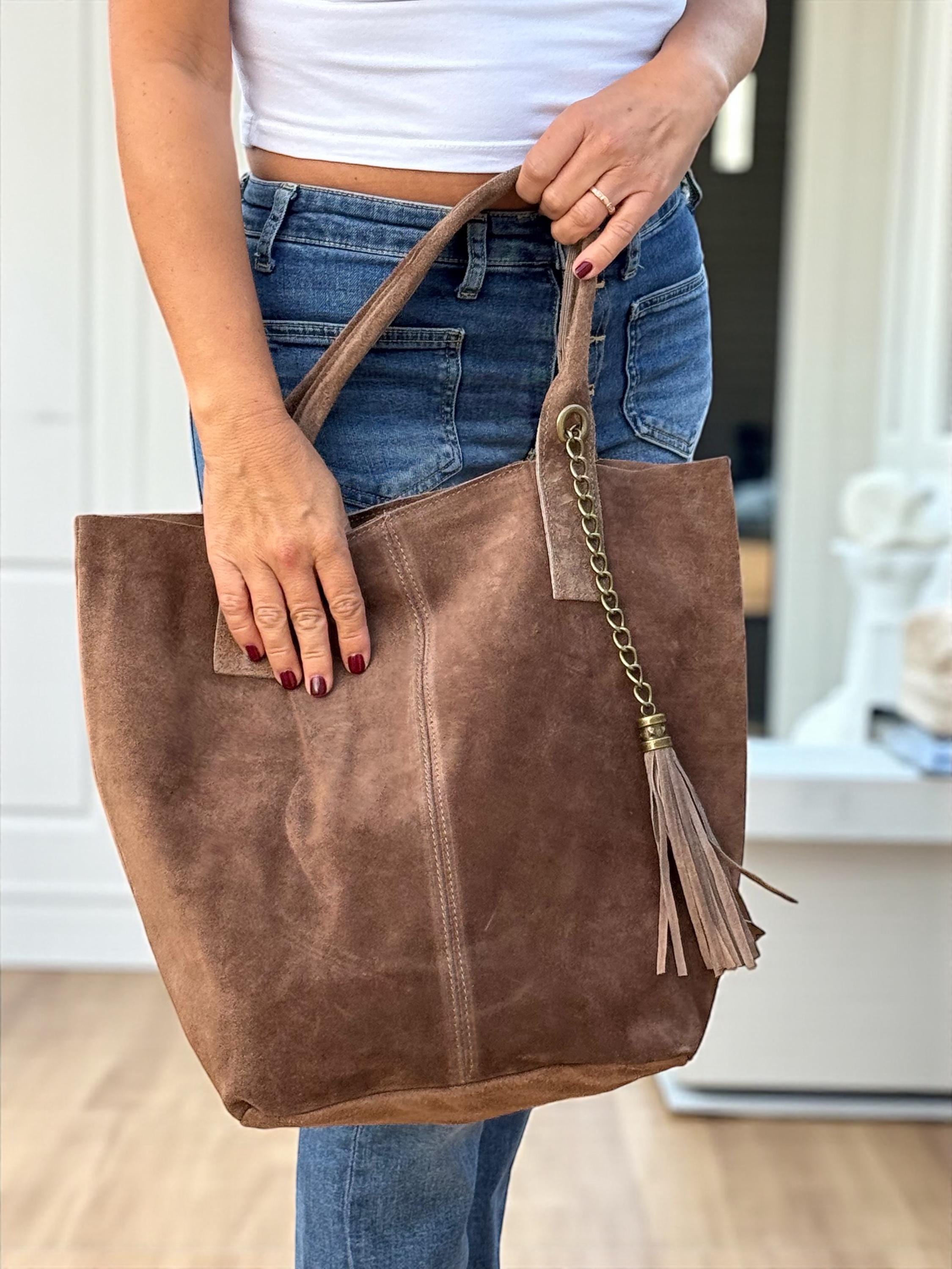 Slouchy Suede olive green shopper Bag with Tassel