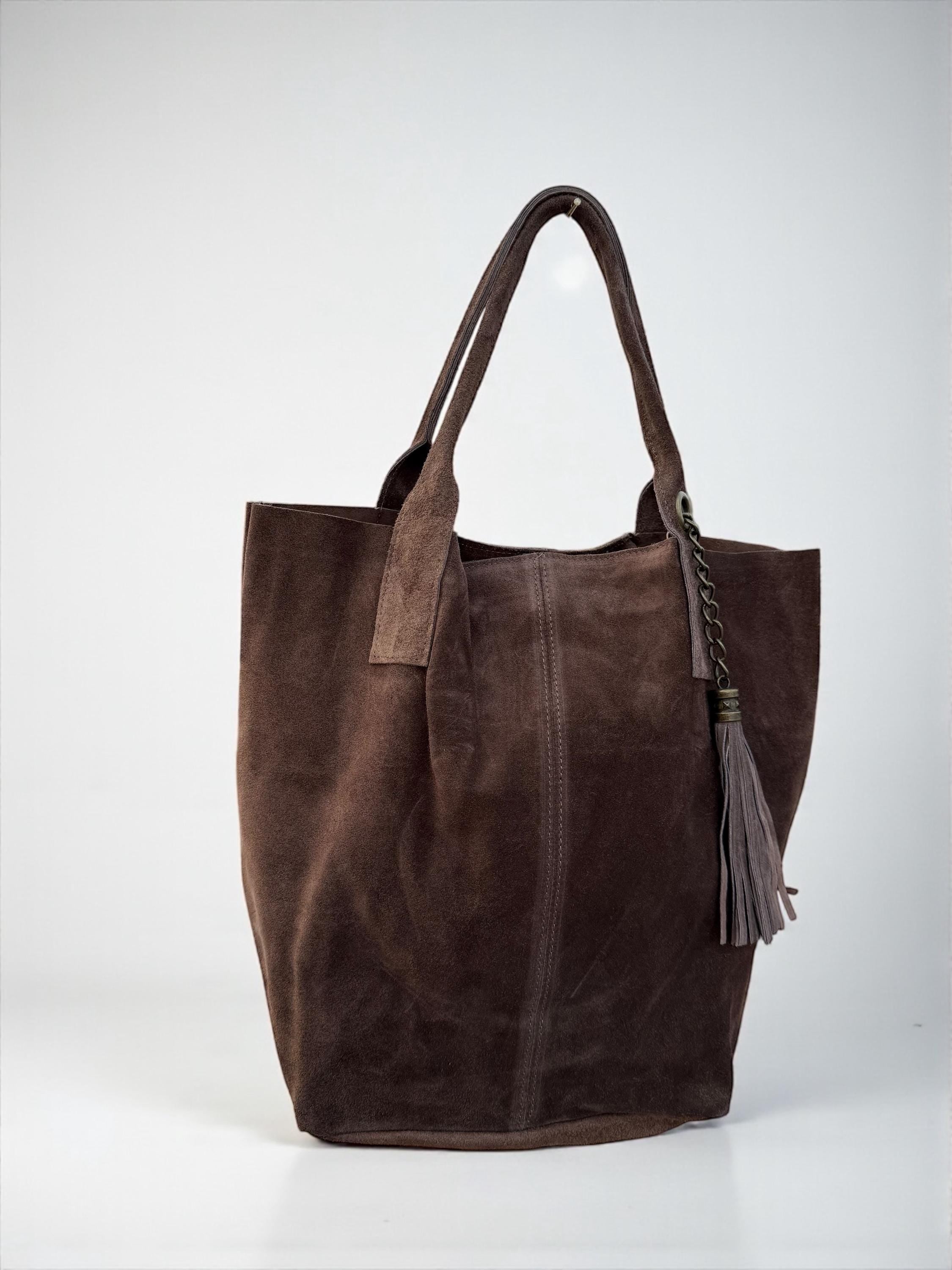 Slouchy Suede olive green shopper Bag with Tassel