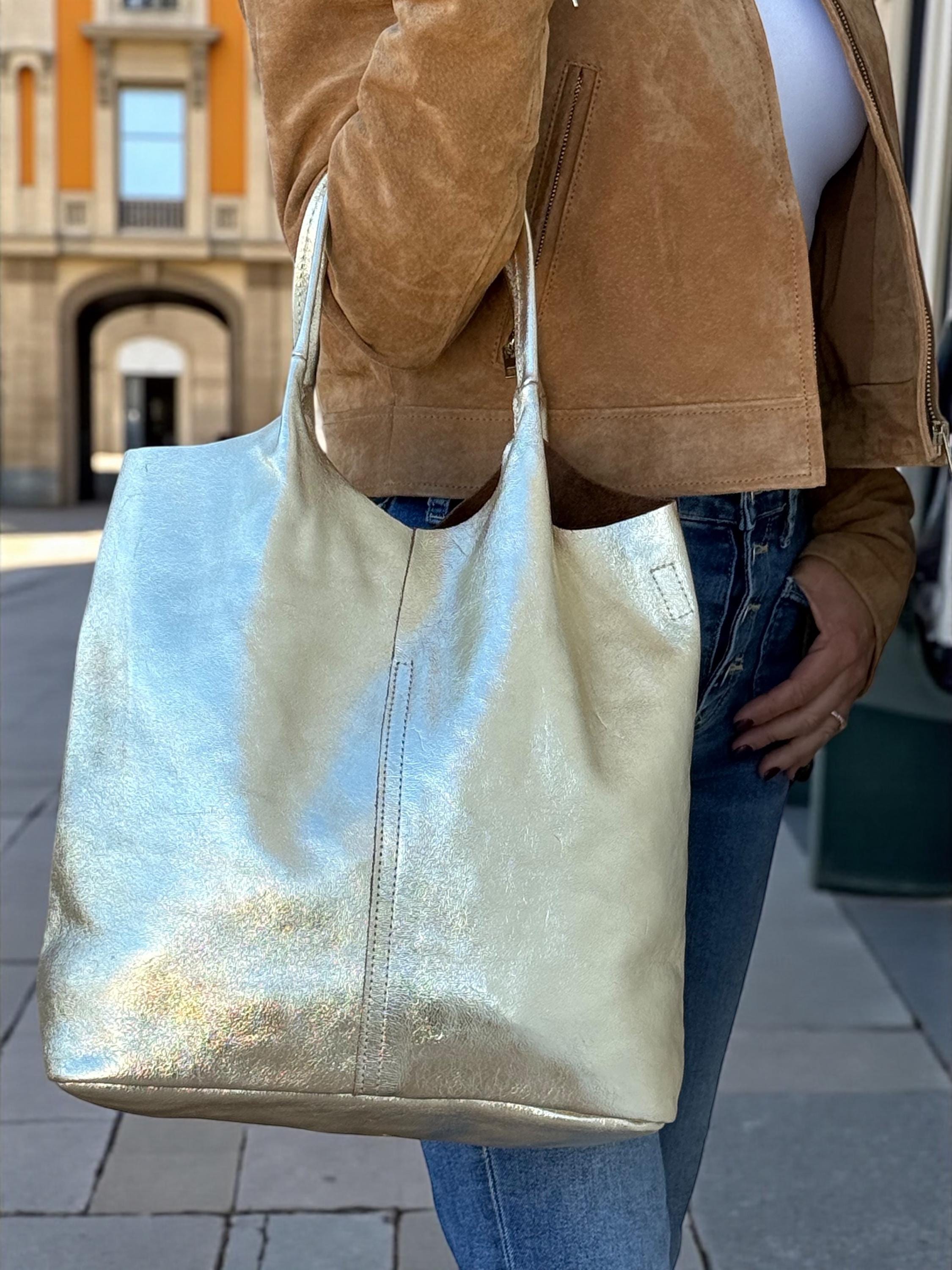Soft Genuine Leather Gold Tote