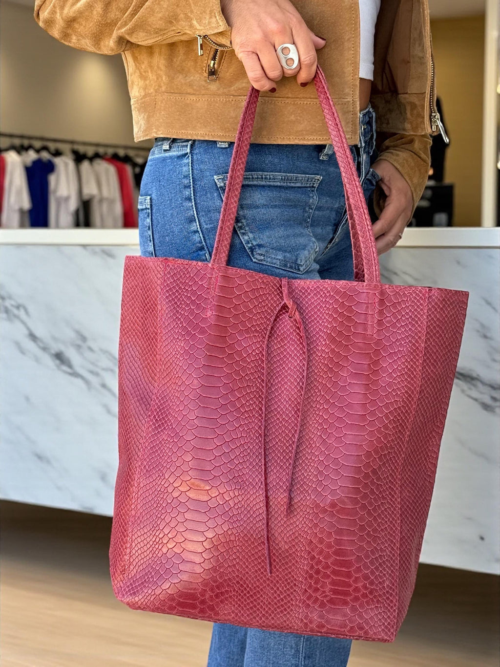 Embossed Genuine leather Ruby Tote shopper bag