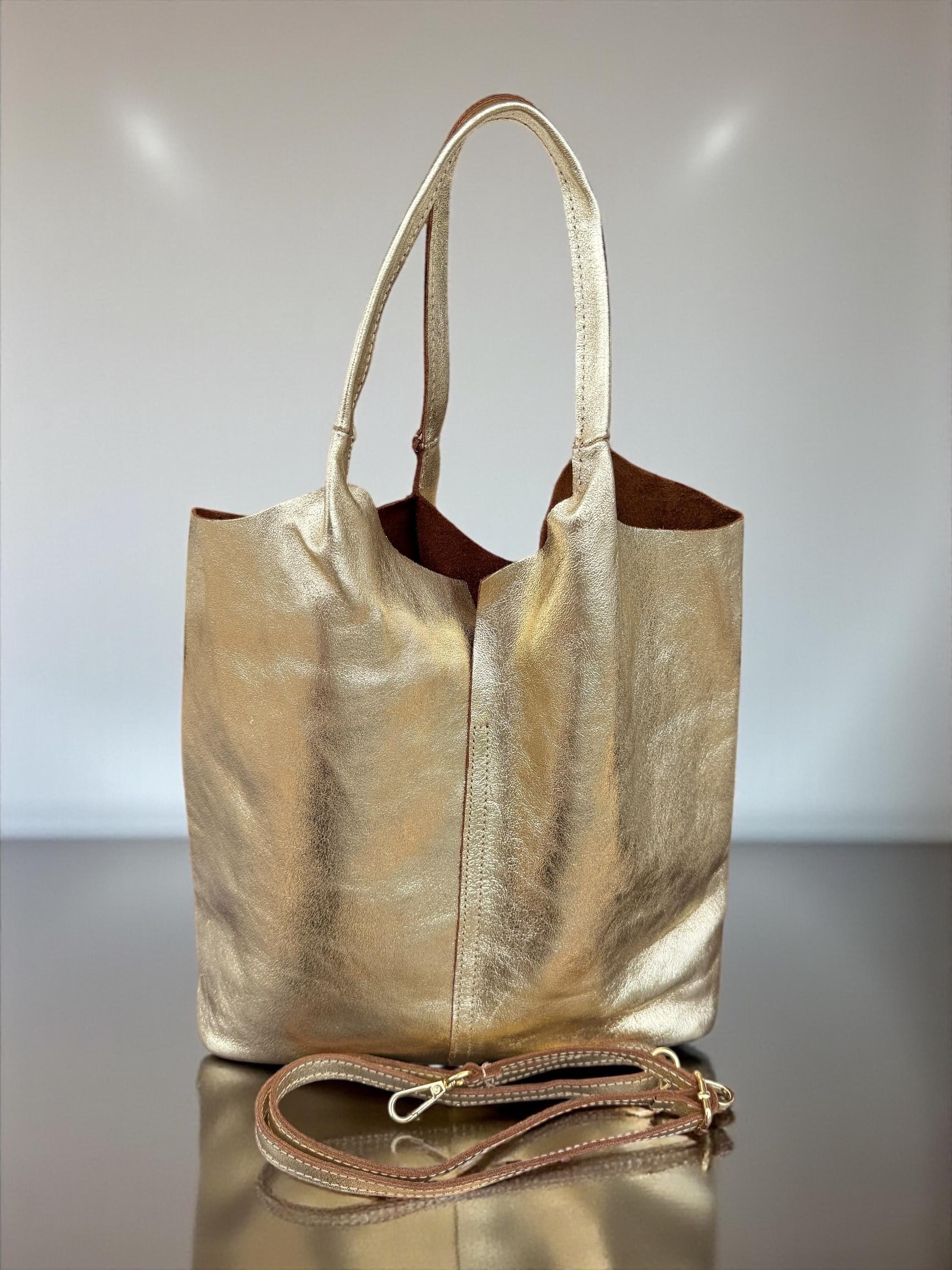 Soft Genuine Leather Gold Tote