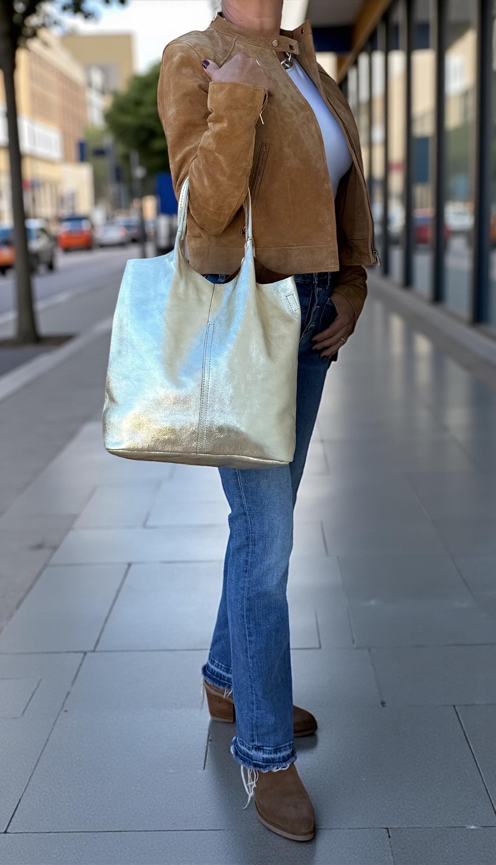 Soft Genuine Leather Gold Tote