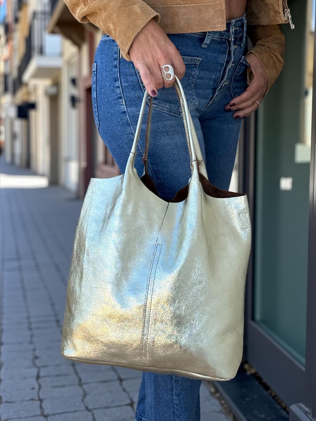 Soft Genuine Leather Brown shopper tote