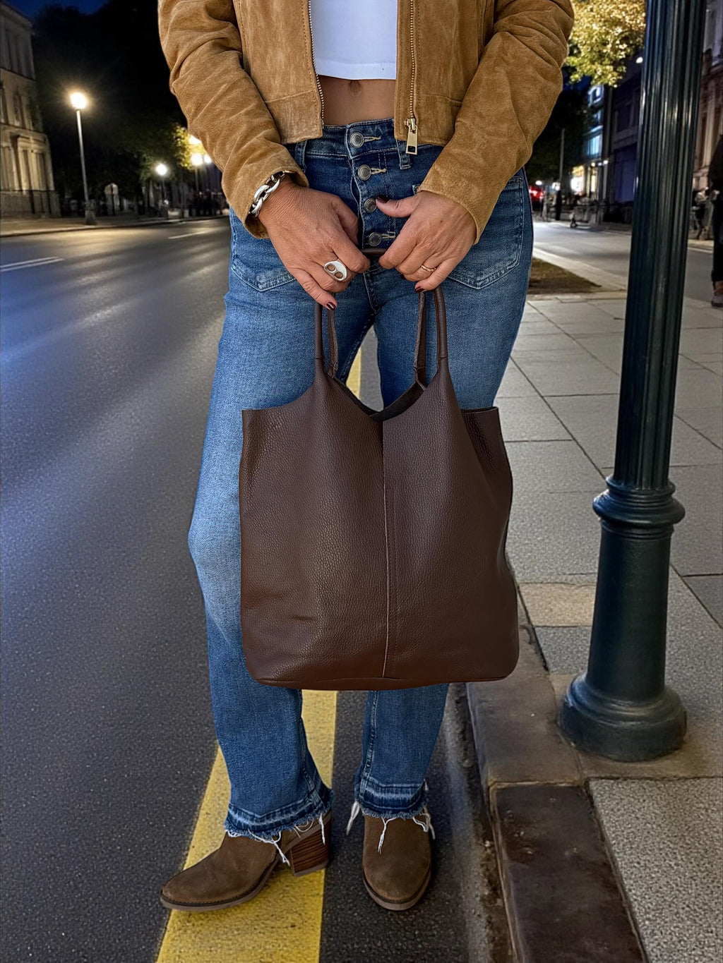 Soft Genuine Leather Brown shopper tote