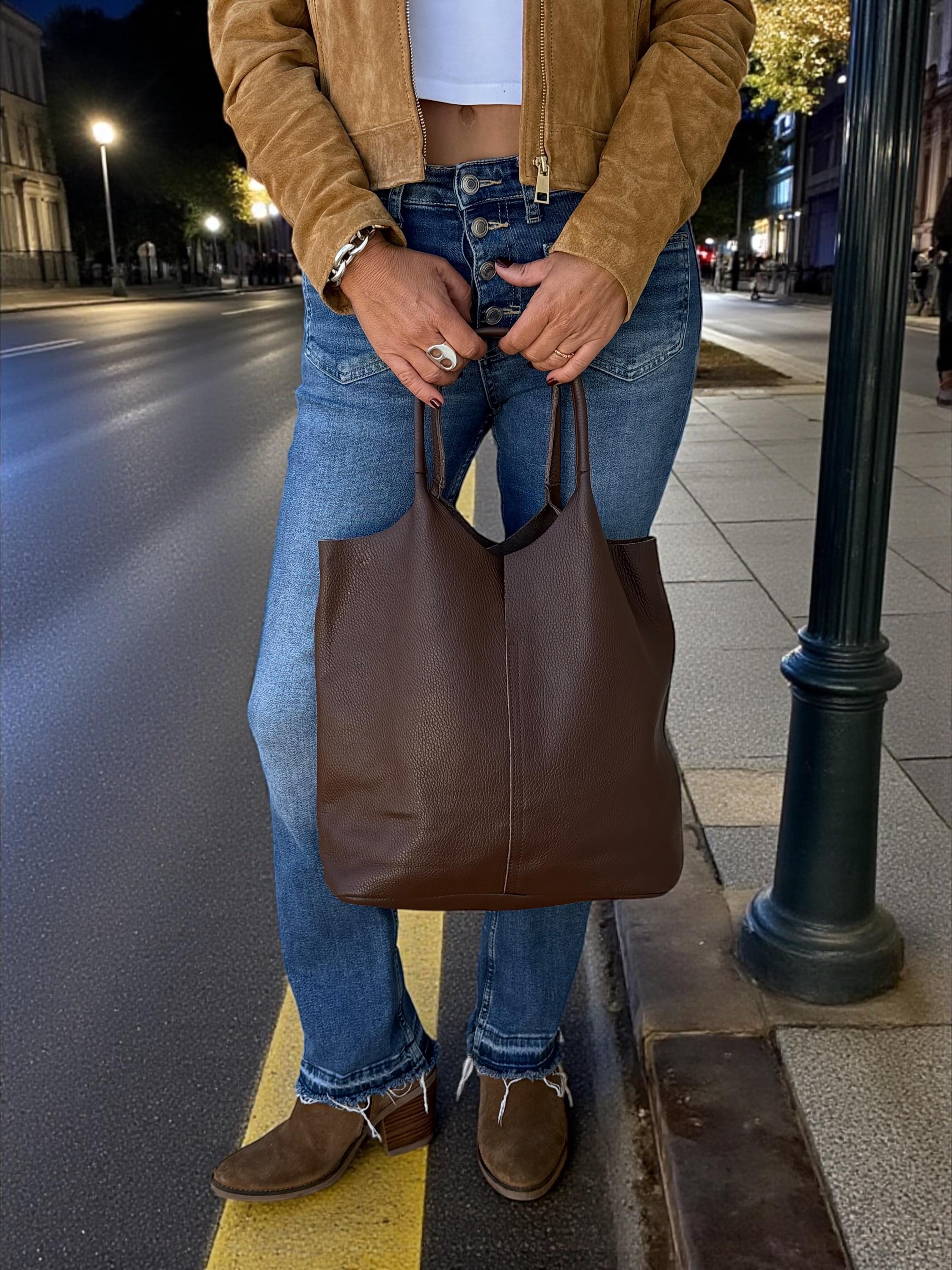 Soft Genuine Leather Brown shopper tote
