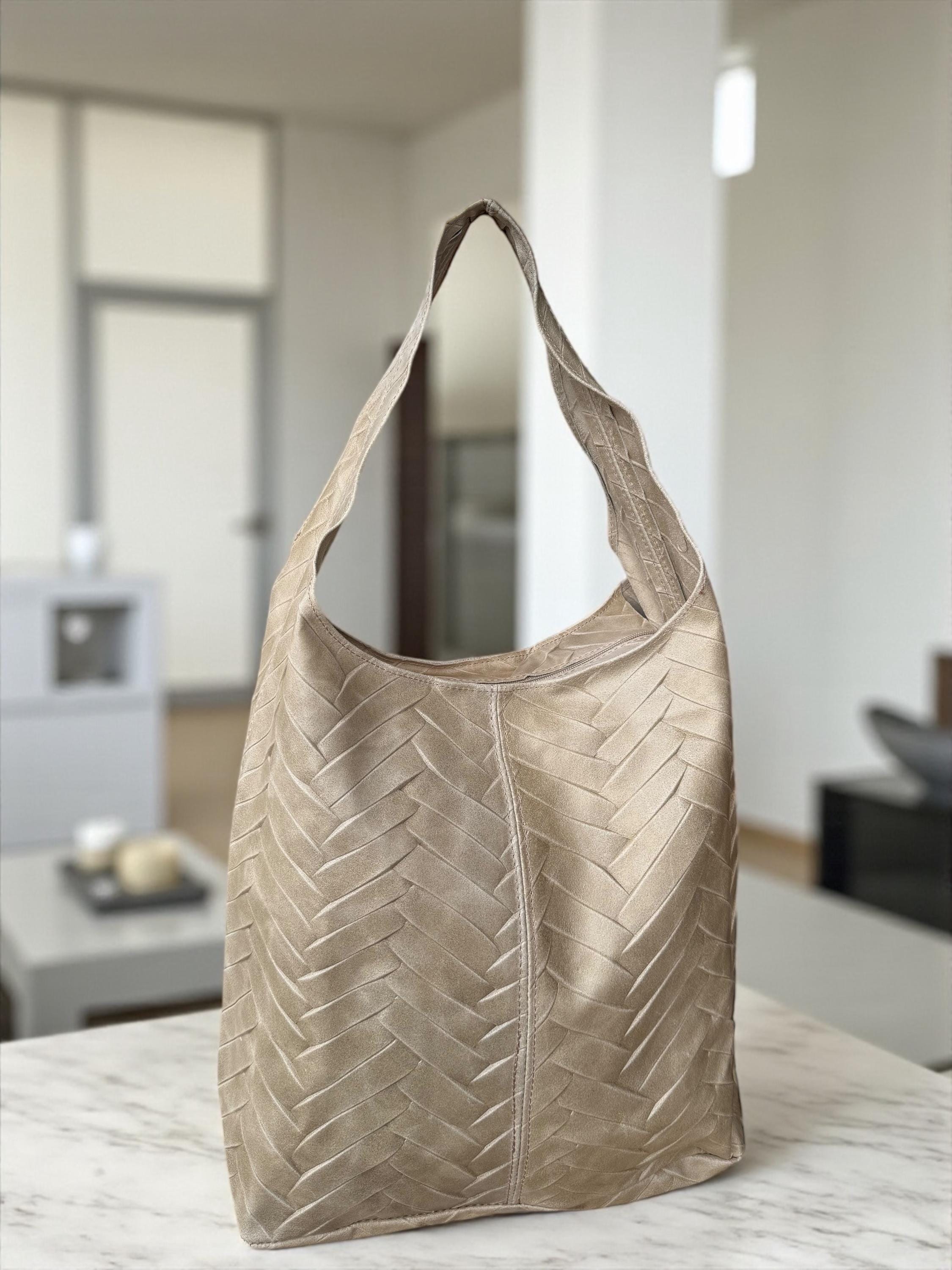 Chevron-Quilted Genuine Leather black hobo bag