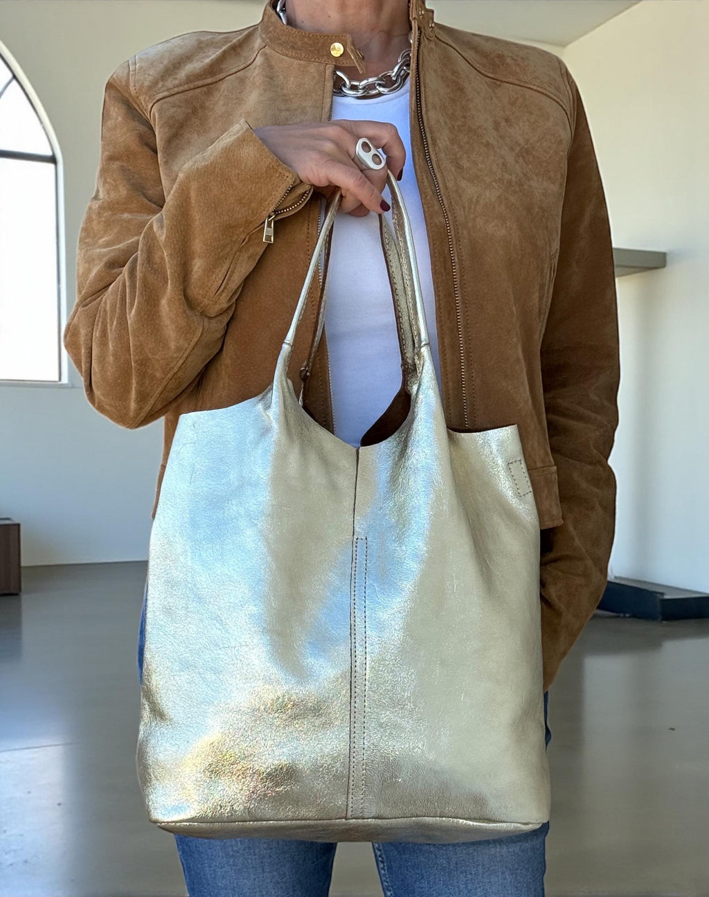 Soft Genuine Leather Gold Tote