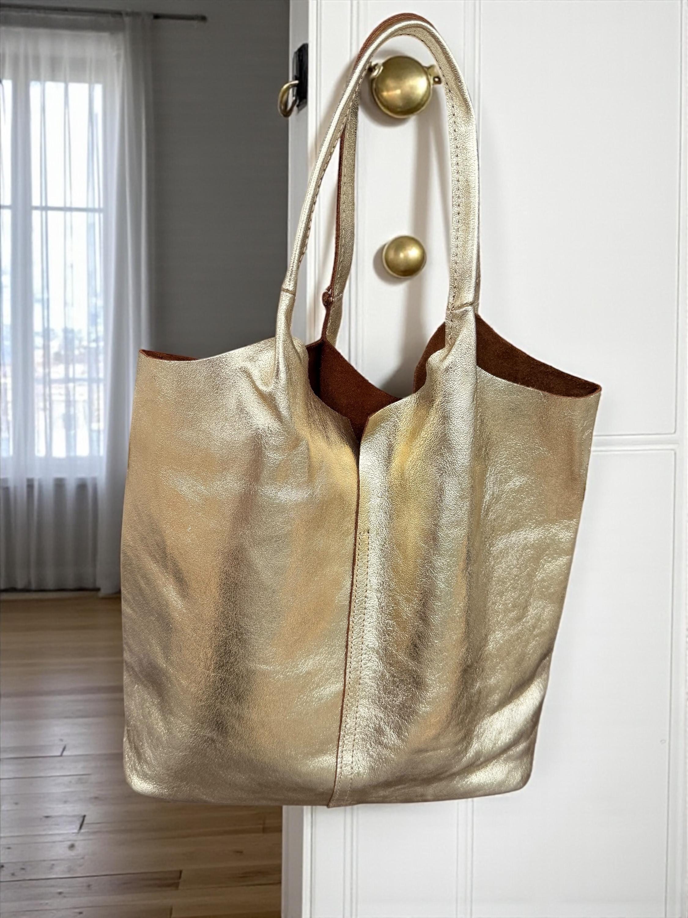 Soft Genuine Leather Gold Tote