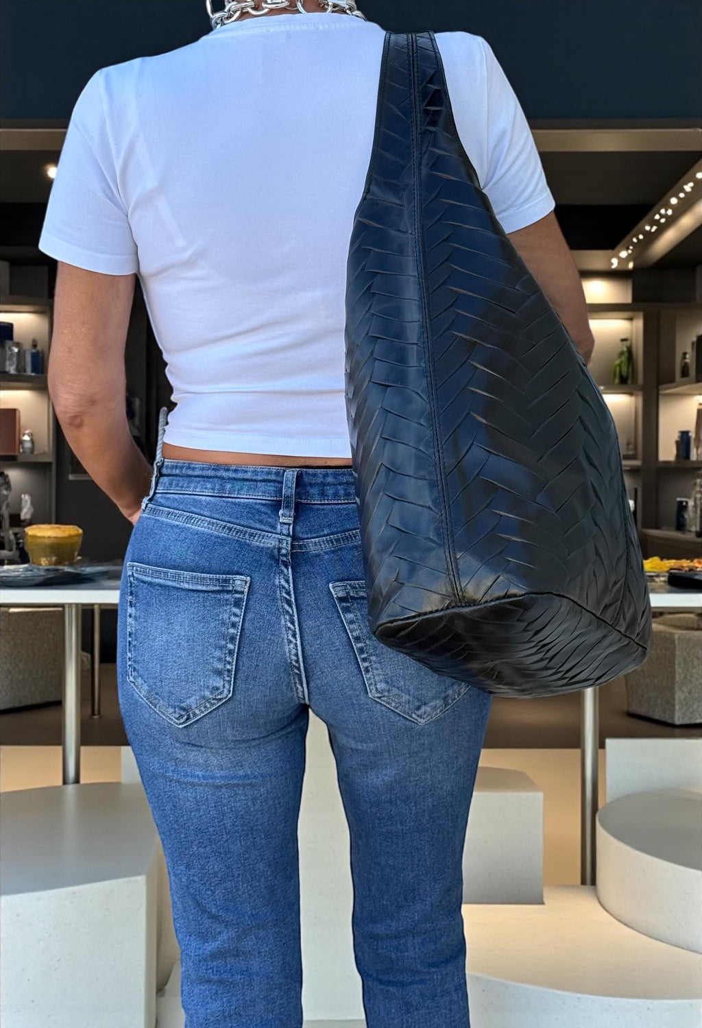 Chevron-Quilted Genuine Leather black hobo bag