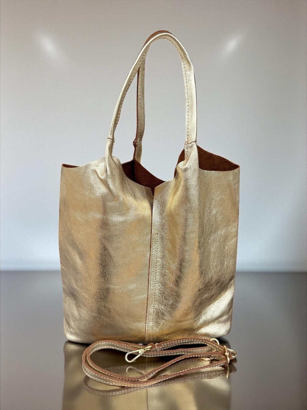 Soft Genuine Leather Brown shopper tote