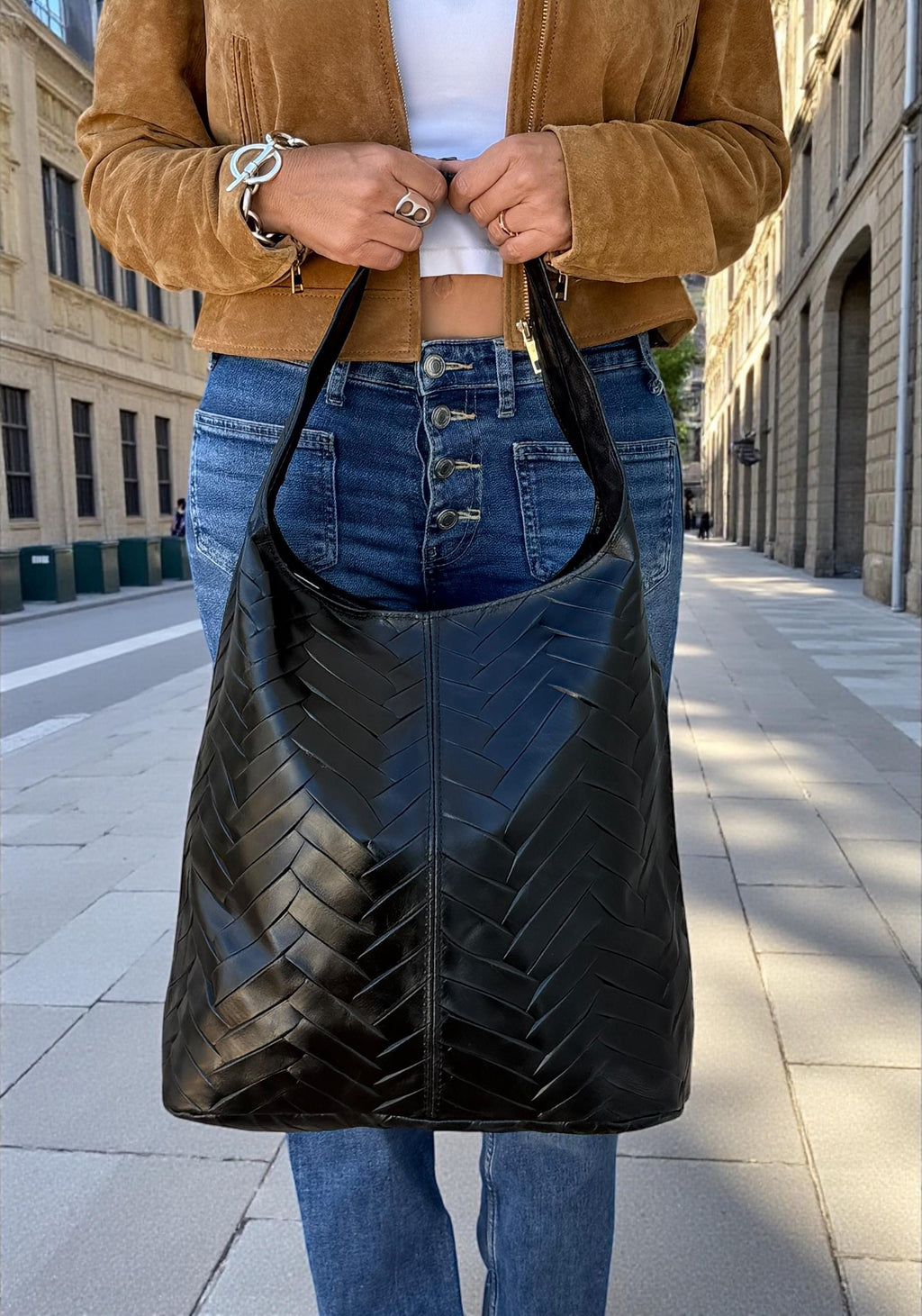 Chevron-Quilted Genuine Leather black hobo bag