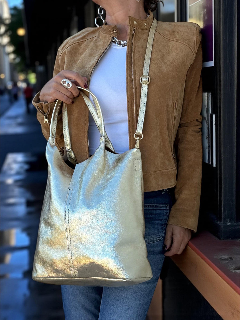 Soft Genuine Leather Gold Tote