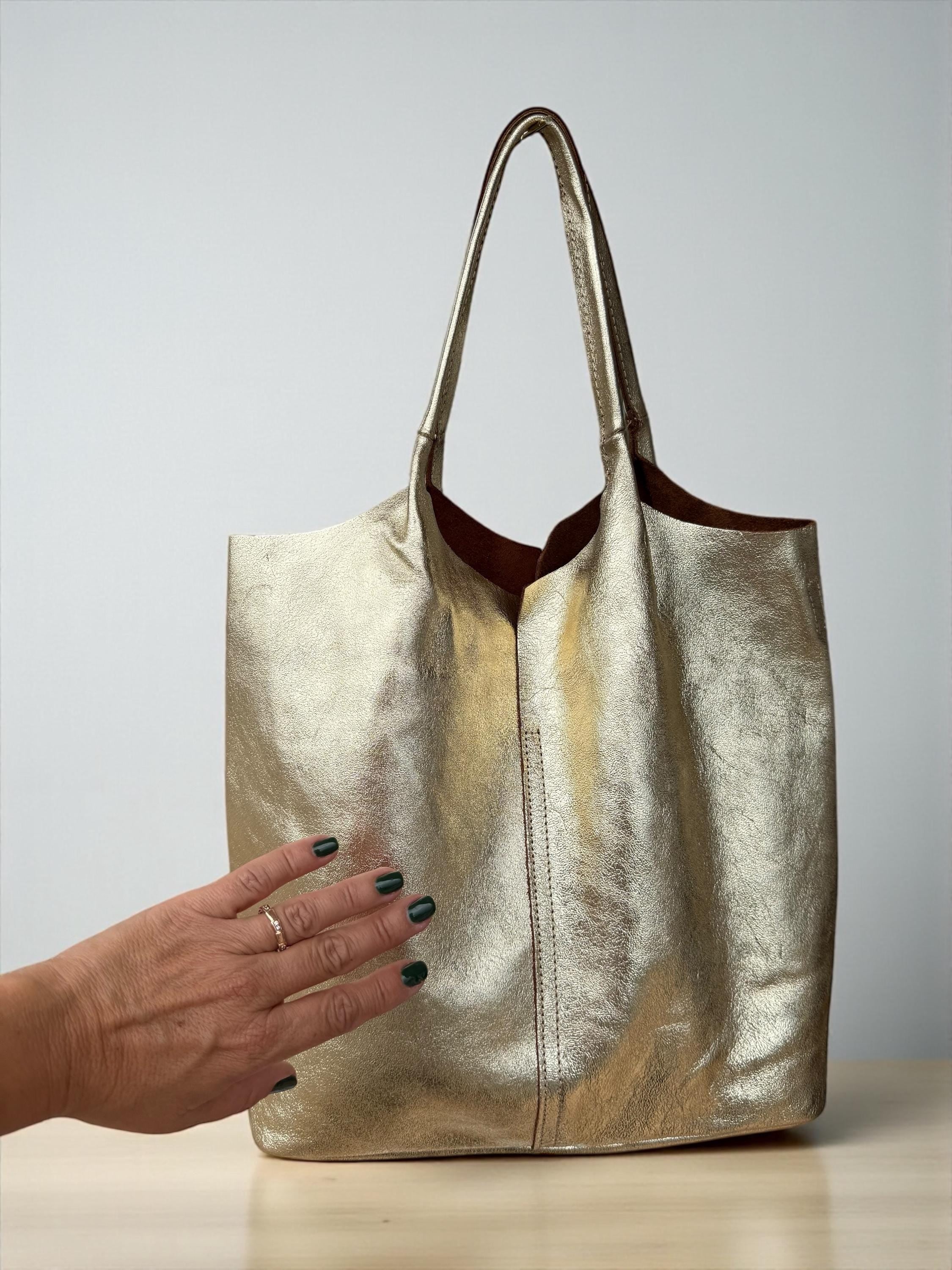 Soft Genuine Leather Gold Tote