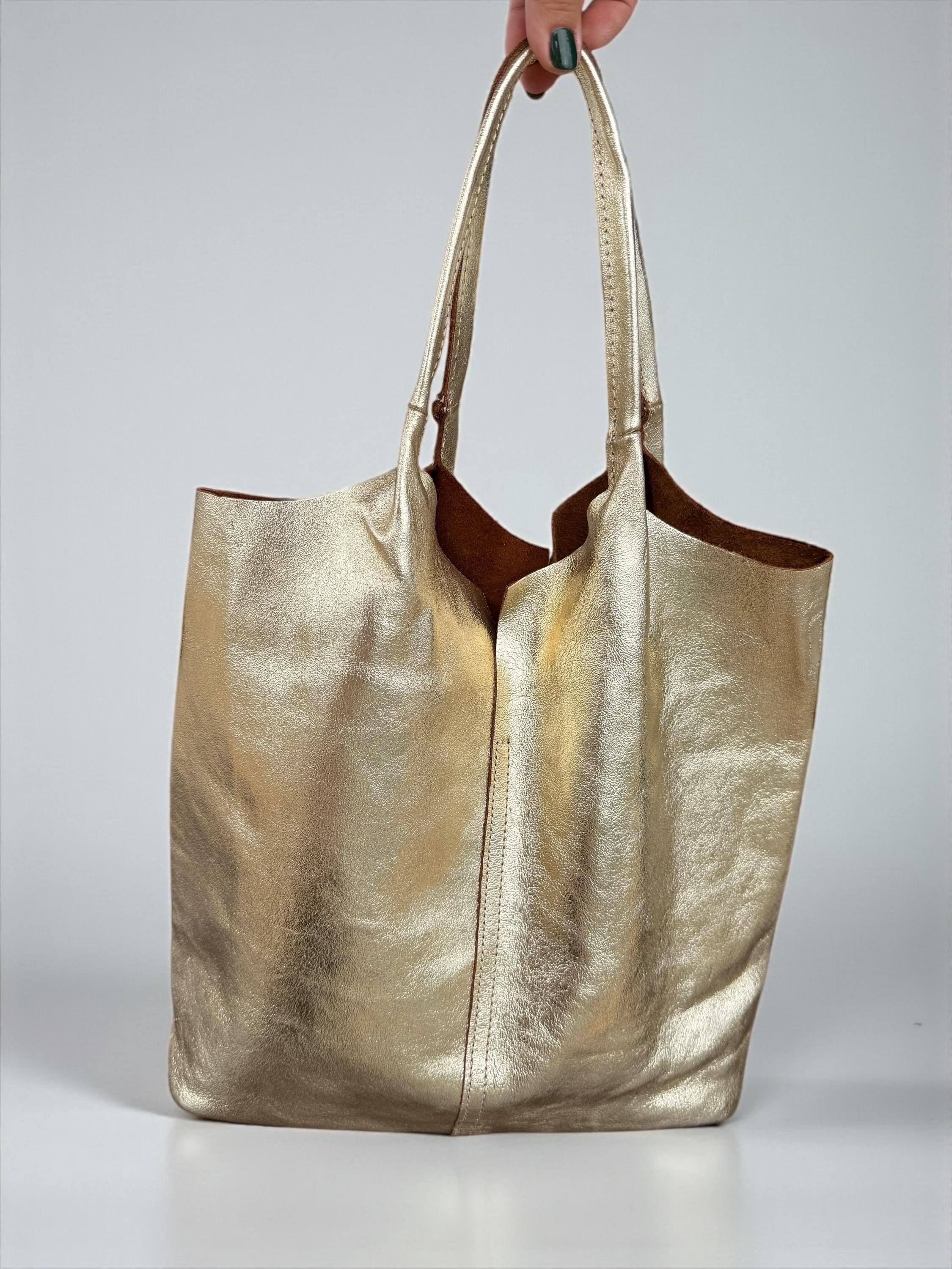 Soft Genuine Leather Gold Tote