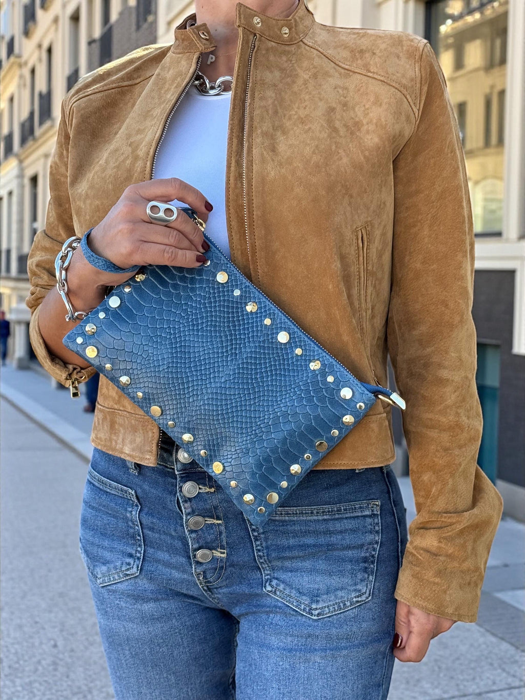 Embossed Leather Studded Trim Blue Clutch