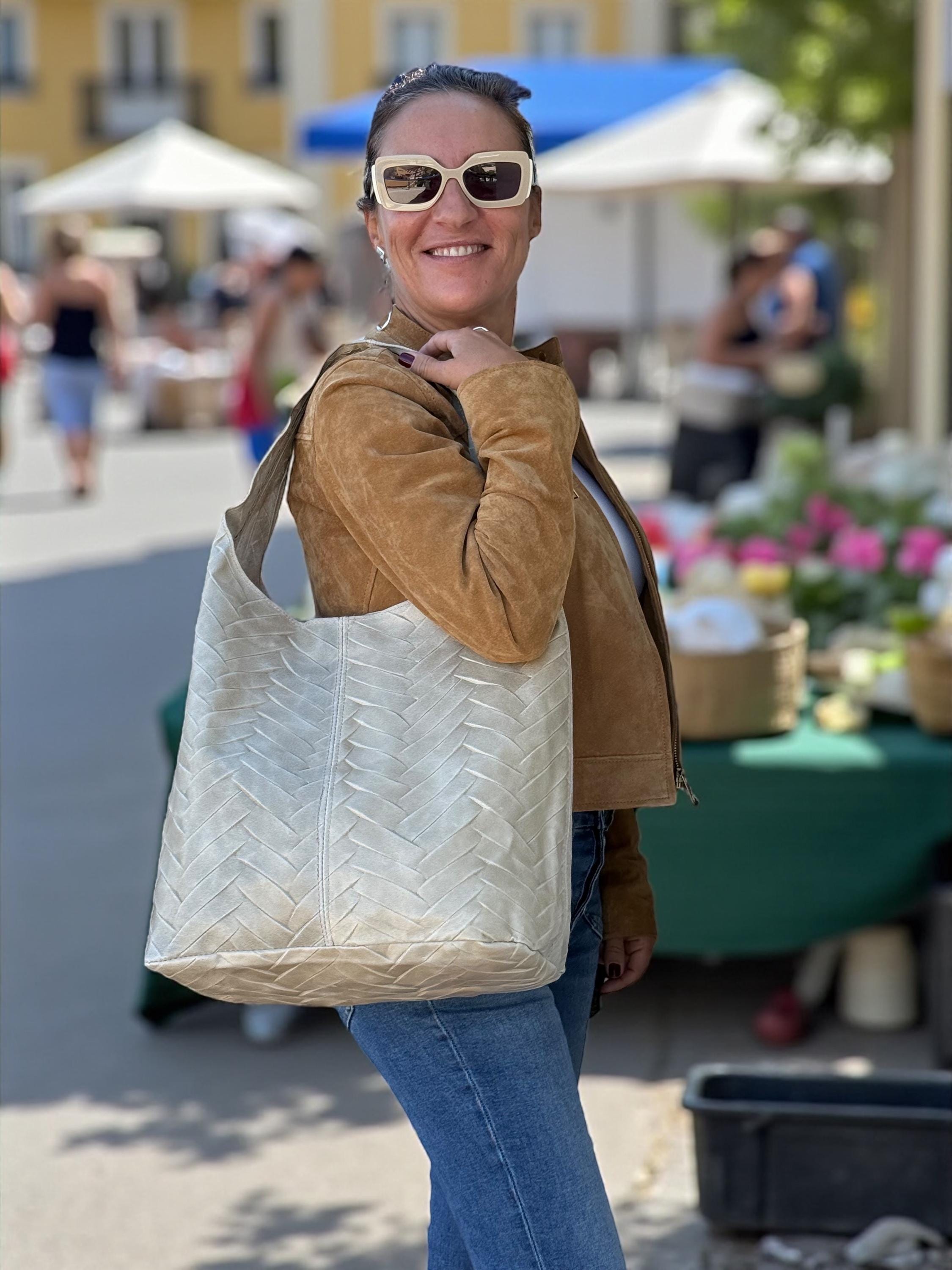 Chevron-Quilted Genuine Leather beige hobo bag