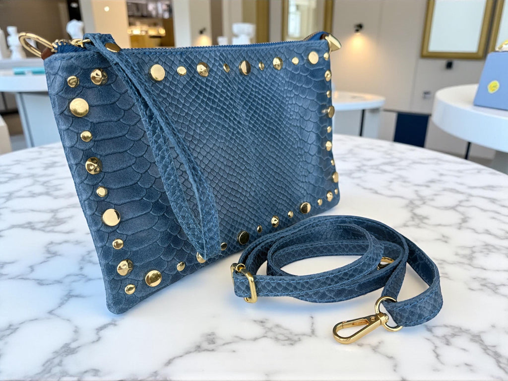 Embossed Leather Studded Trim Blue Clutch