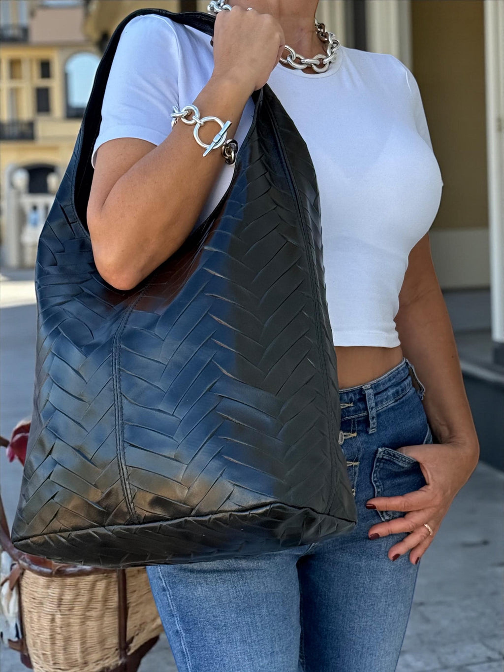 Chevron-Quilted Genuine Leather beige hobo bag