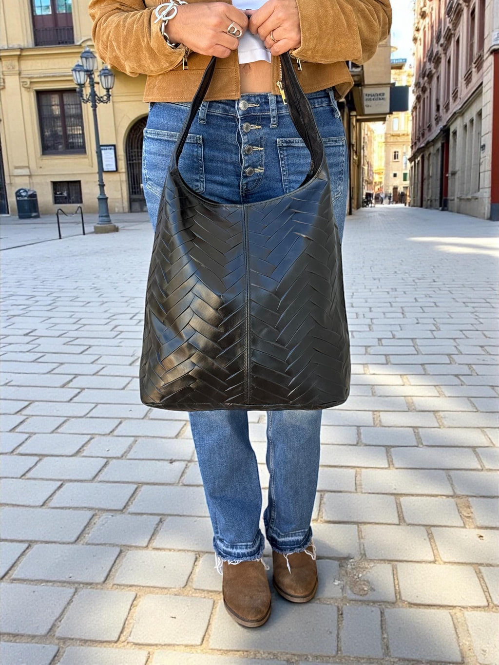 Chevron-Quilted Genuine Leather black hobo bag