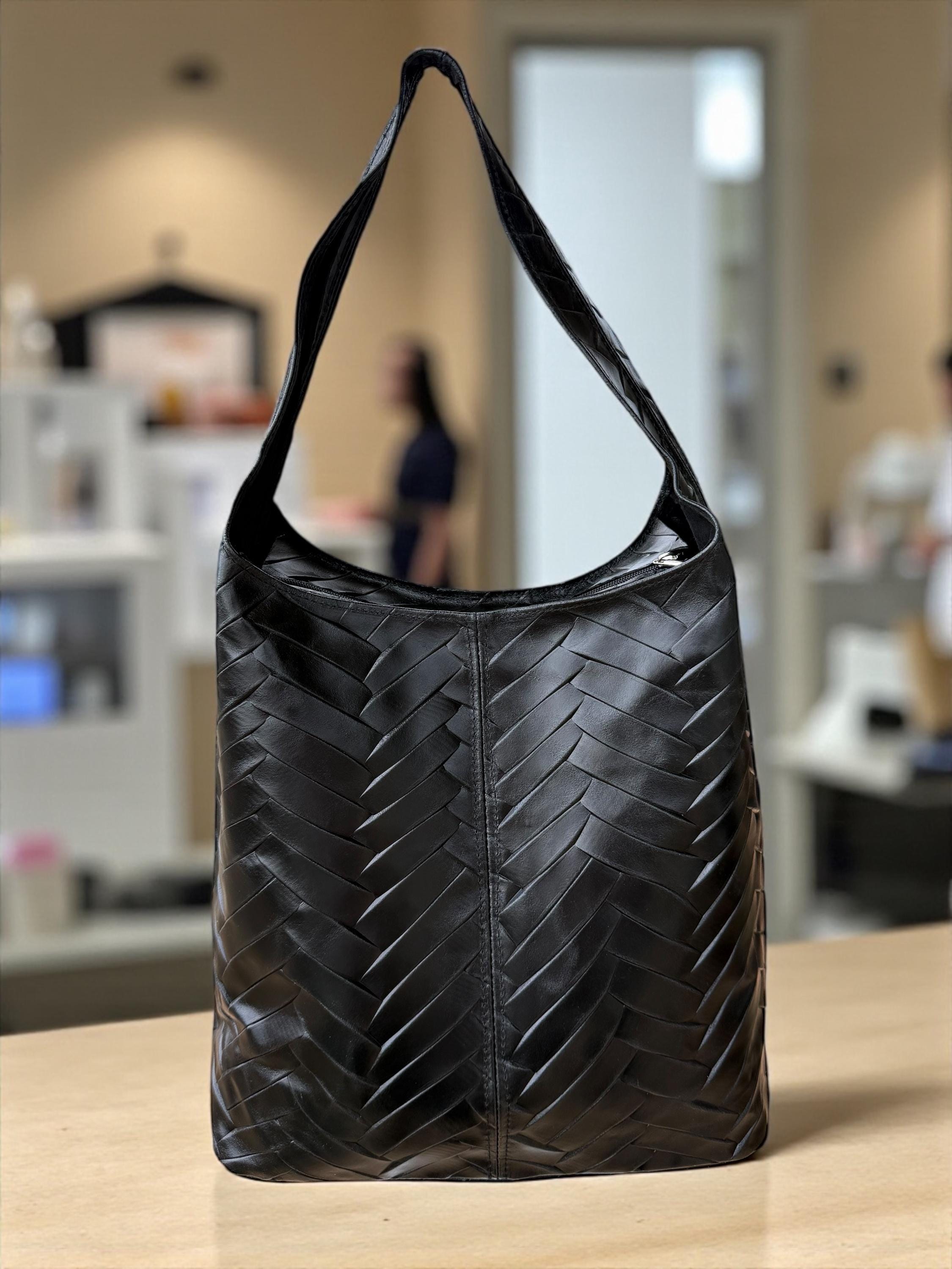 Chevron-Quilted Genuine Leather beige hobo bag