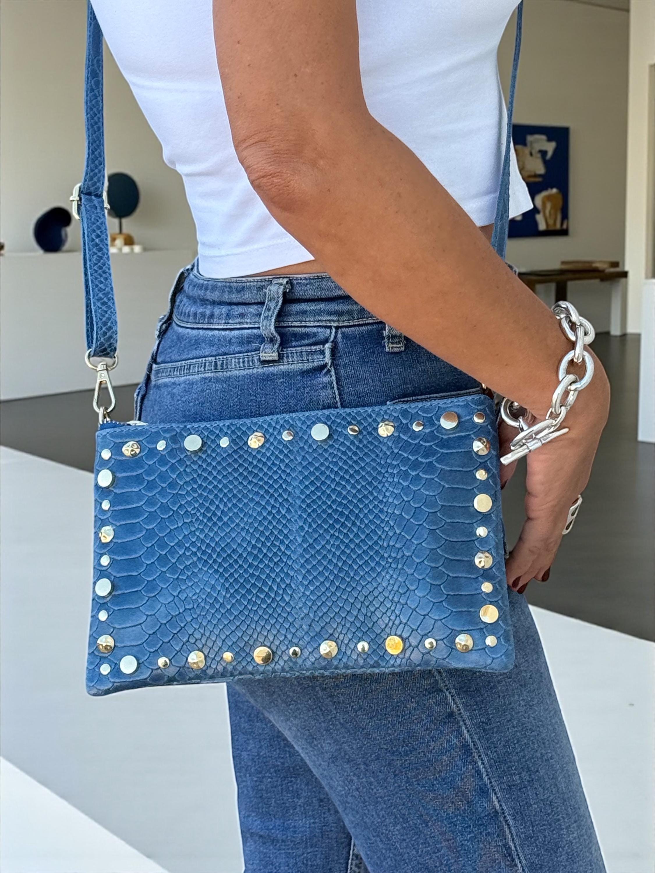 Embossed Leather Studded Trim Blue Clutch