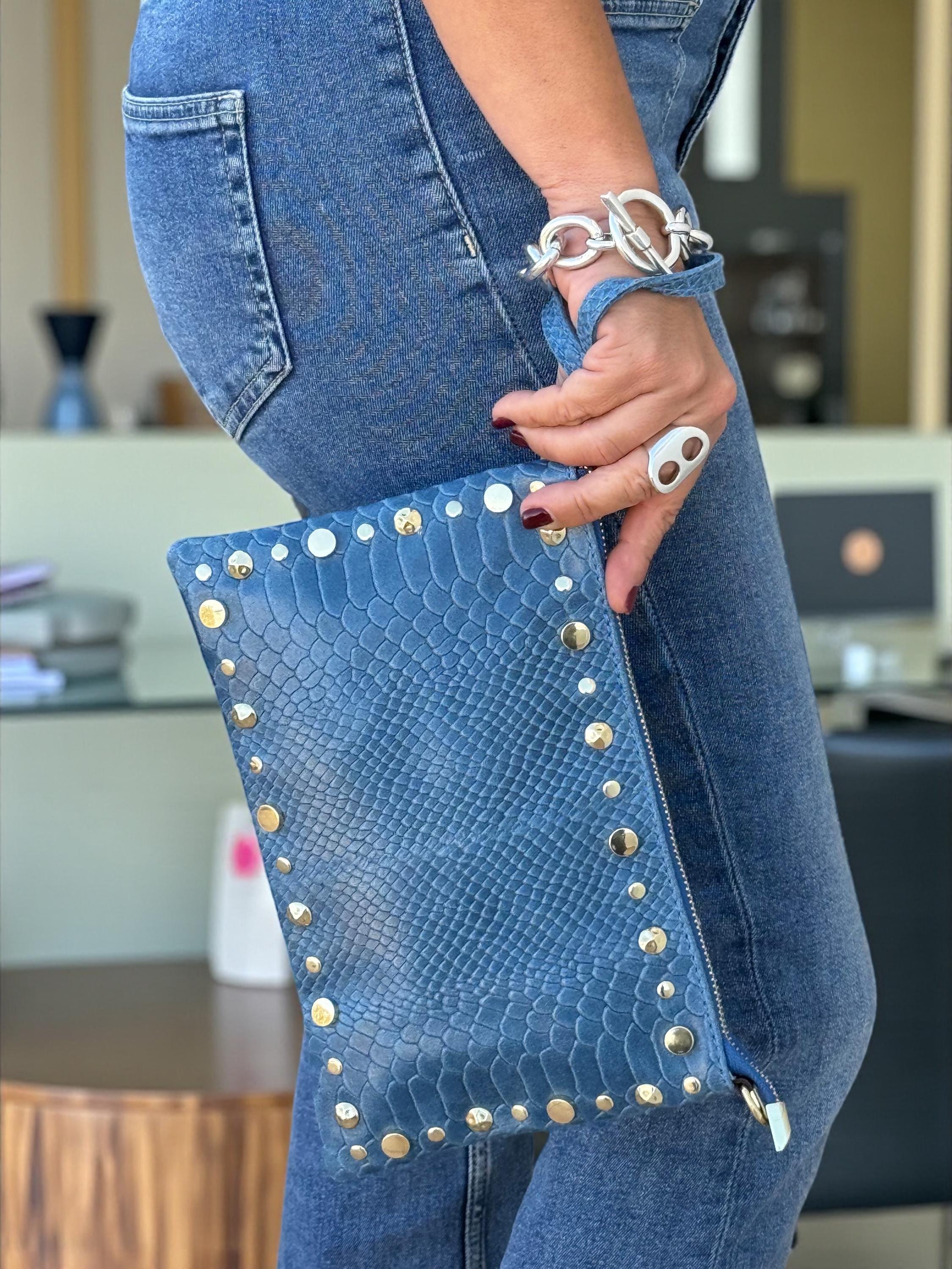 Embossed Leather Studded Trim Blue Clutch