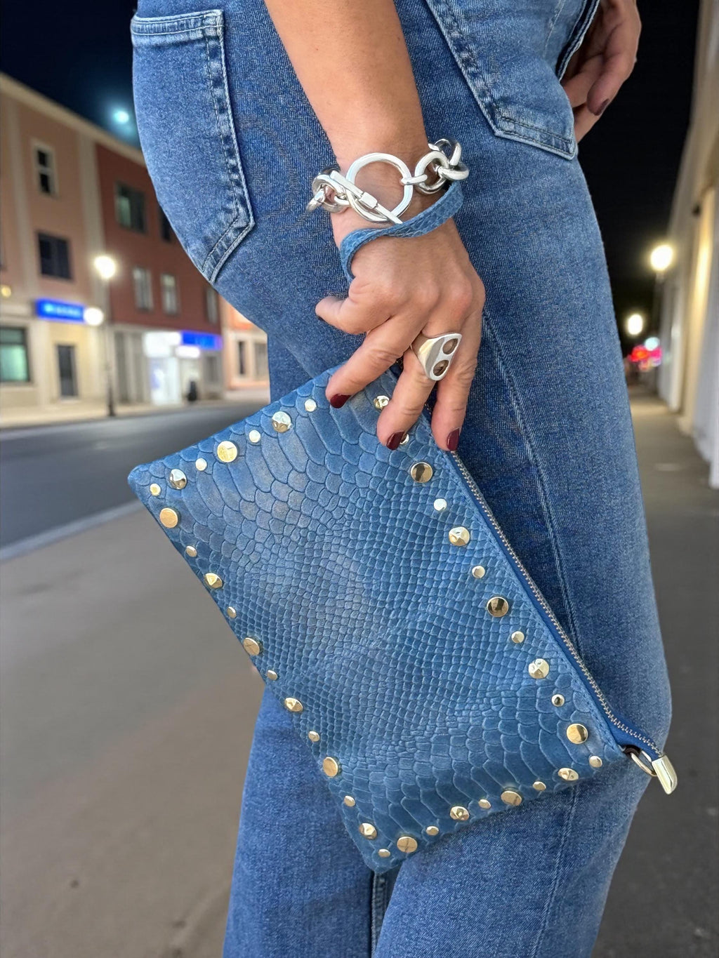 Embossed Leather Studded Trim Blue Clutch